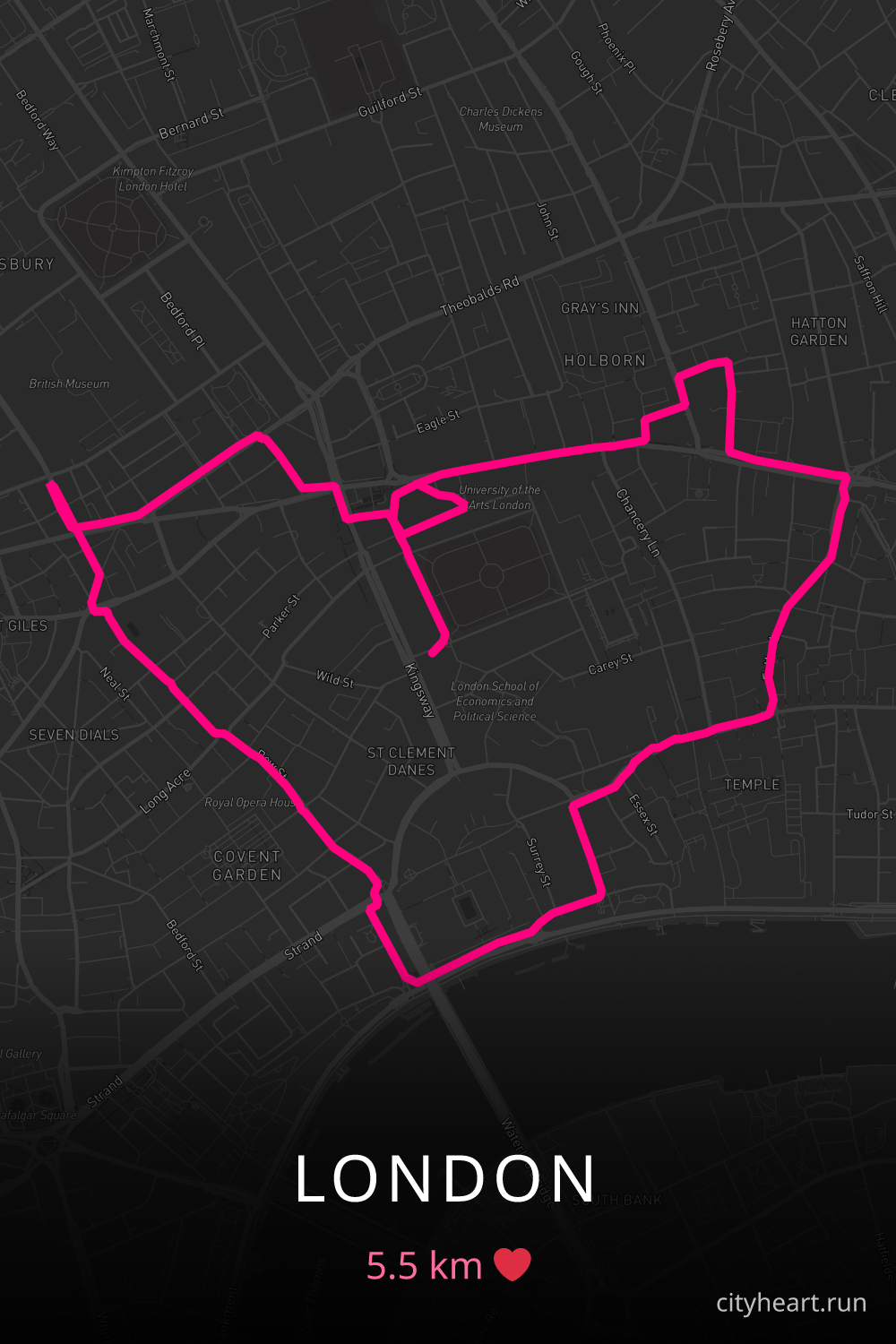 Heart-shaped running route in London, 5.5 km — GPS art for Strava