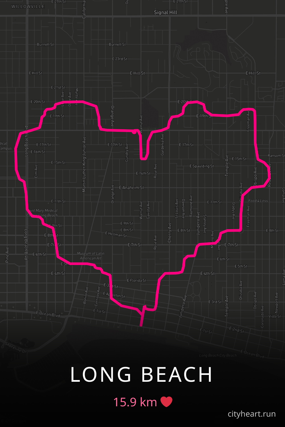 Heart-shaped running route in Long Beach, 15.9 km — GPS art for Strava
