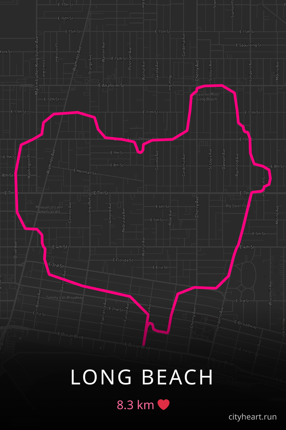 Heart-shaped running route in Long Beach, 8.3 km — GPS art for Strava