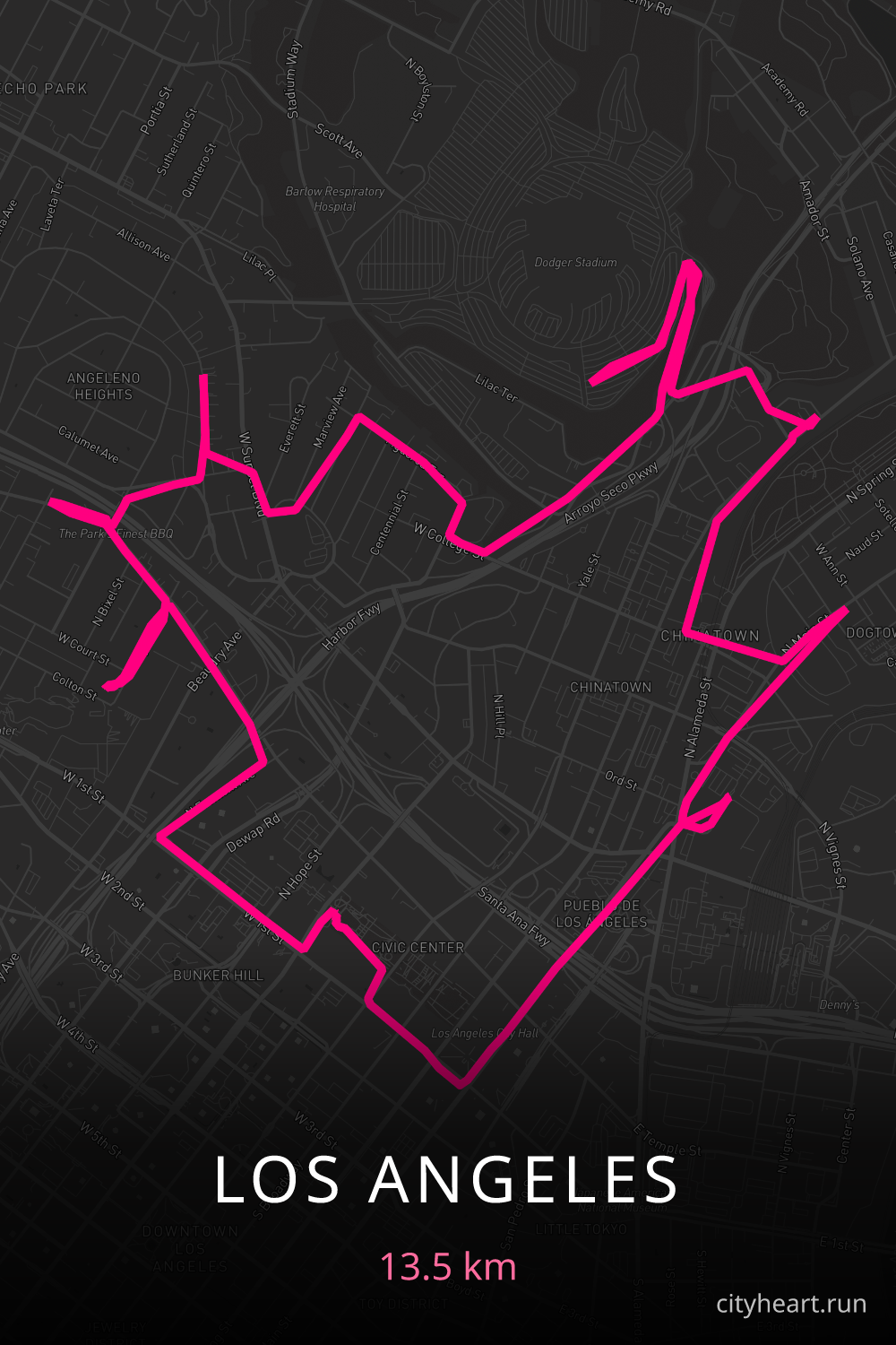 Heart-shaped running route in Los Angeles, 13.5 km — GPS art for Strava