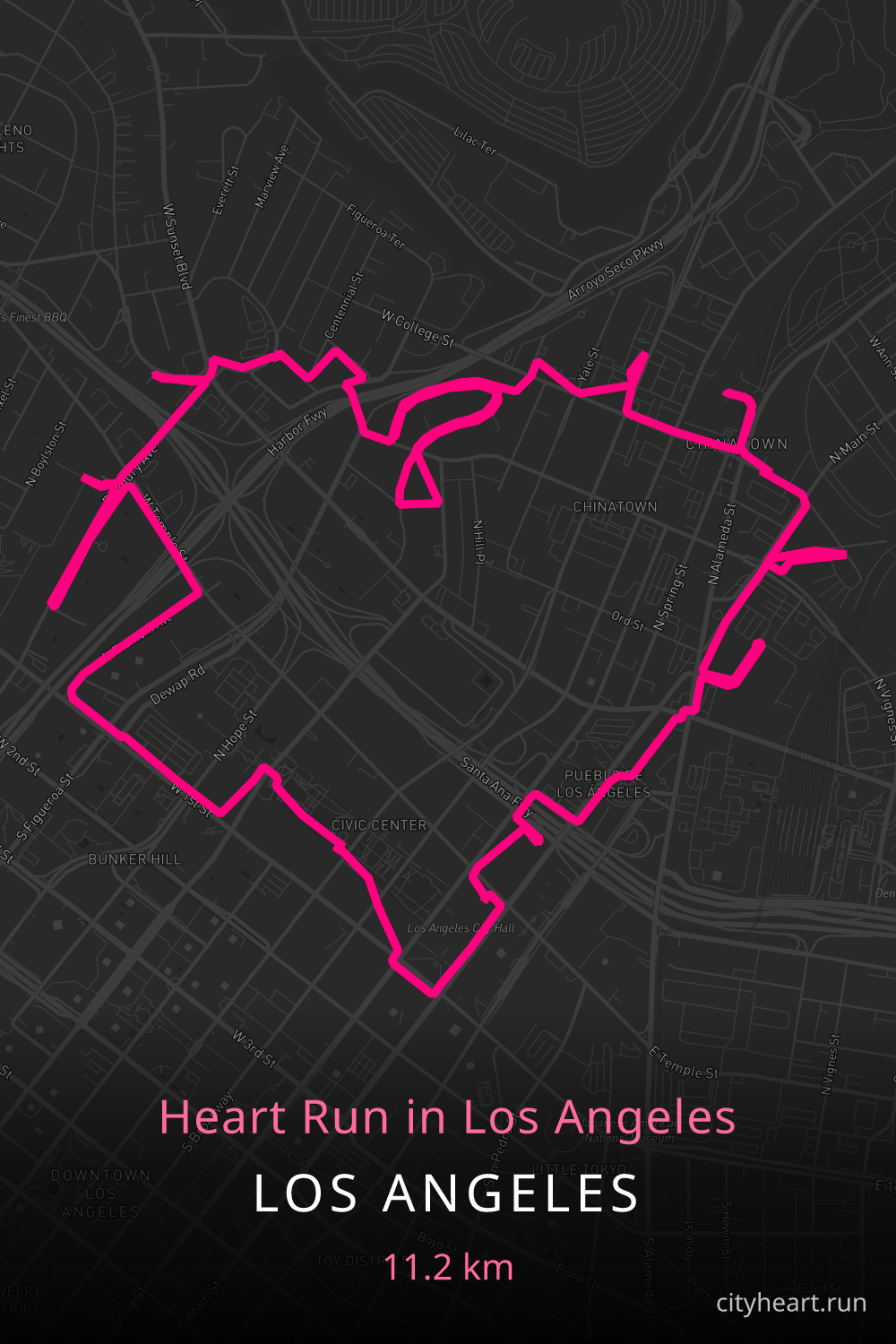 Heart-shaped running route in Los Angeles, 11.8 km — GPS art for Strava