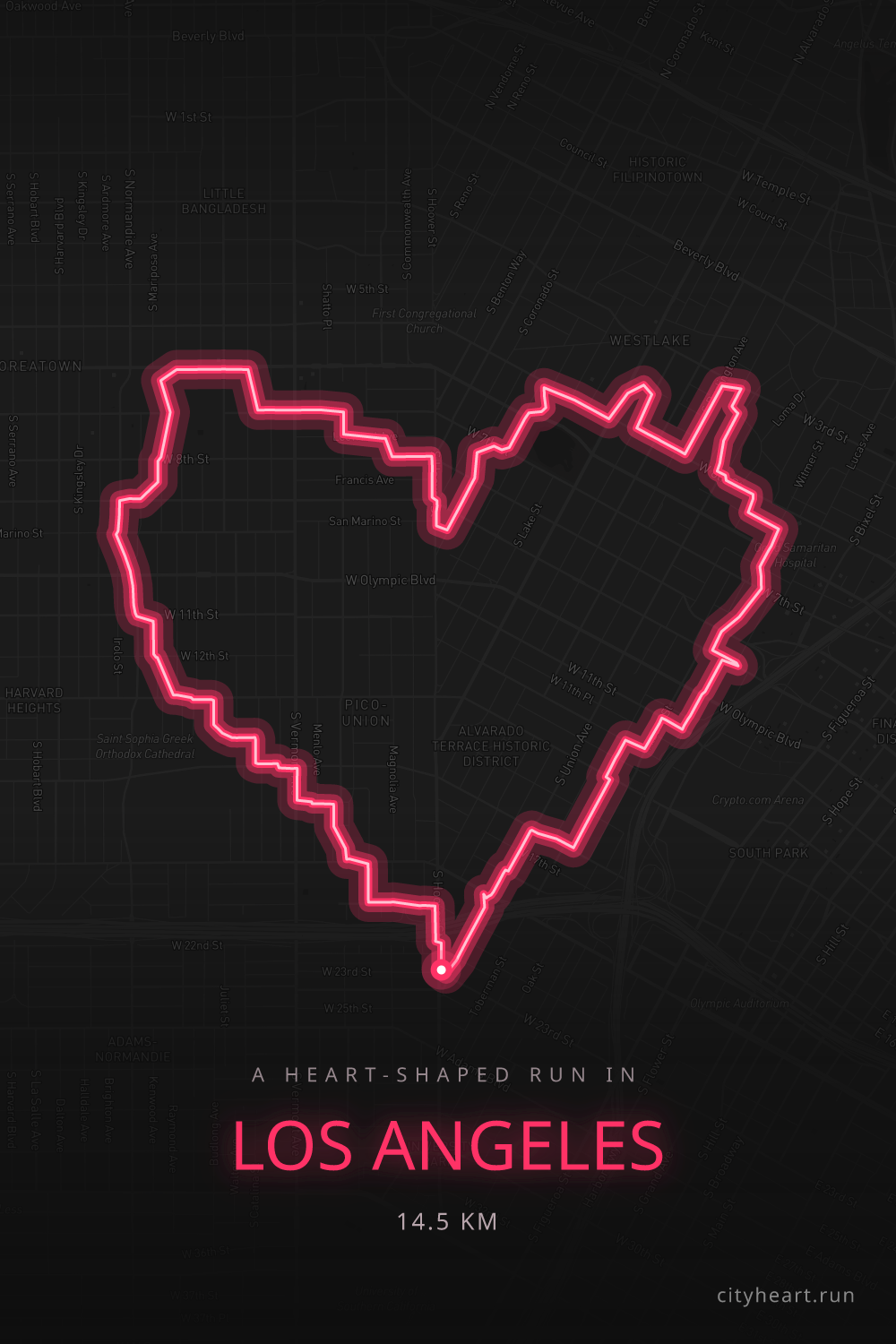 Heart-shaped running route in Los Angeles, 15.9 km — GPS art for Strava