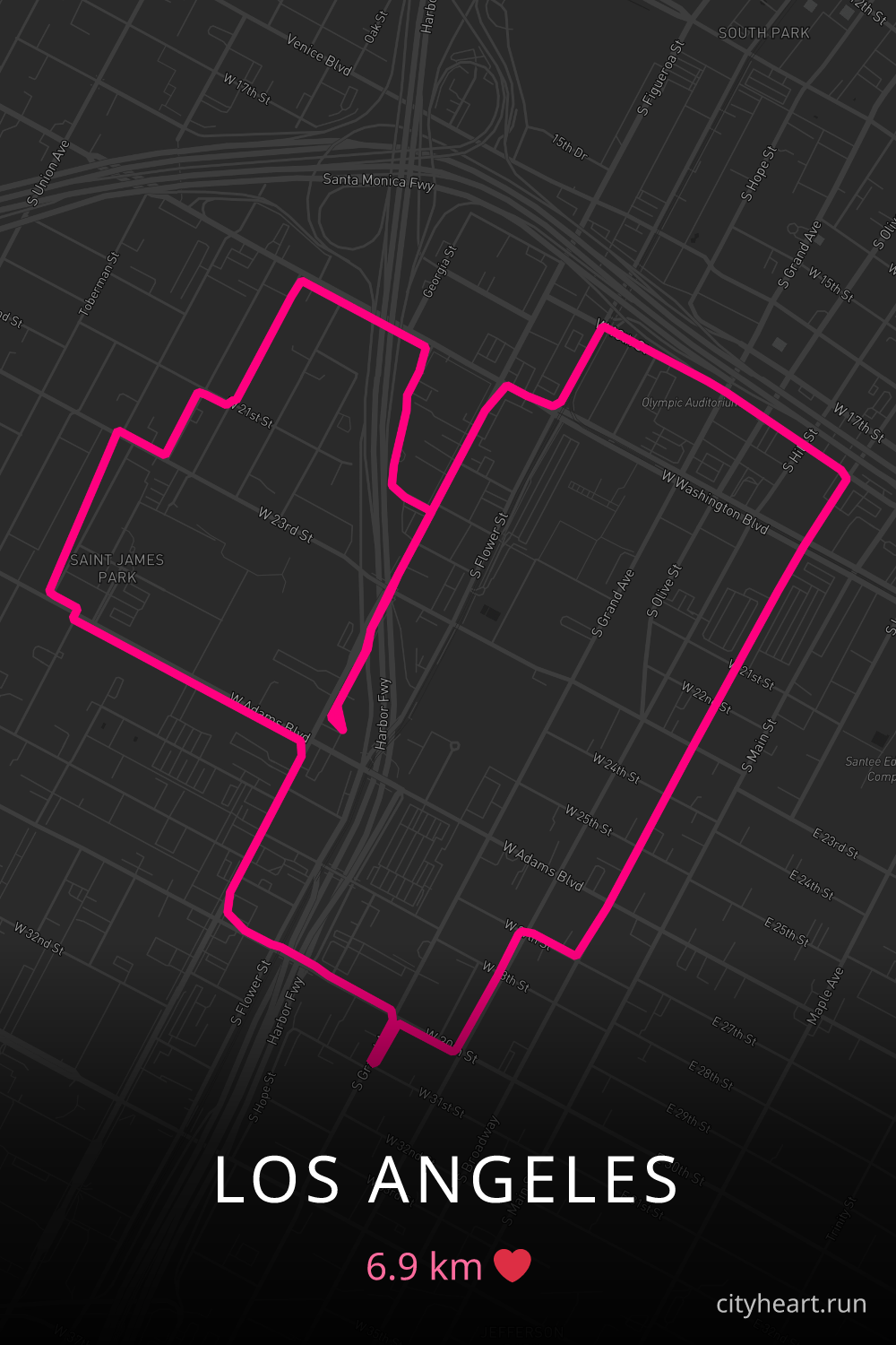 Heart-shaped running route in Los Angeles, 6.9 km — GPS art for Strava