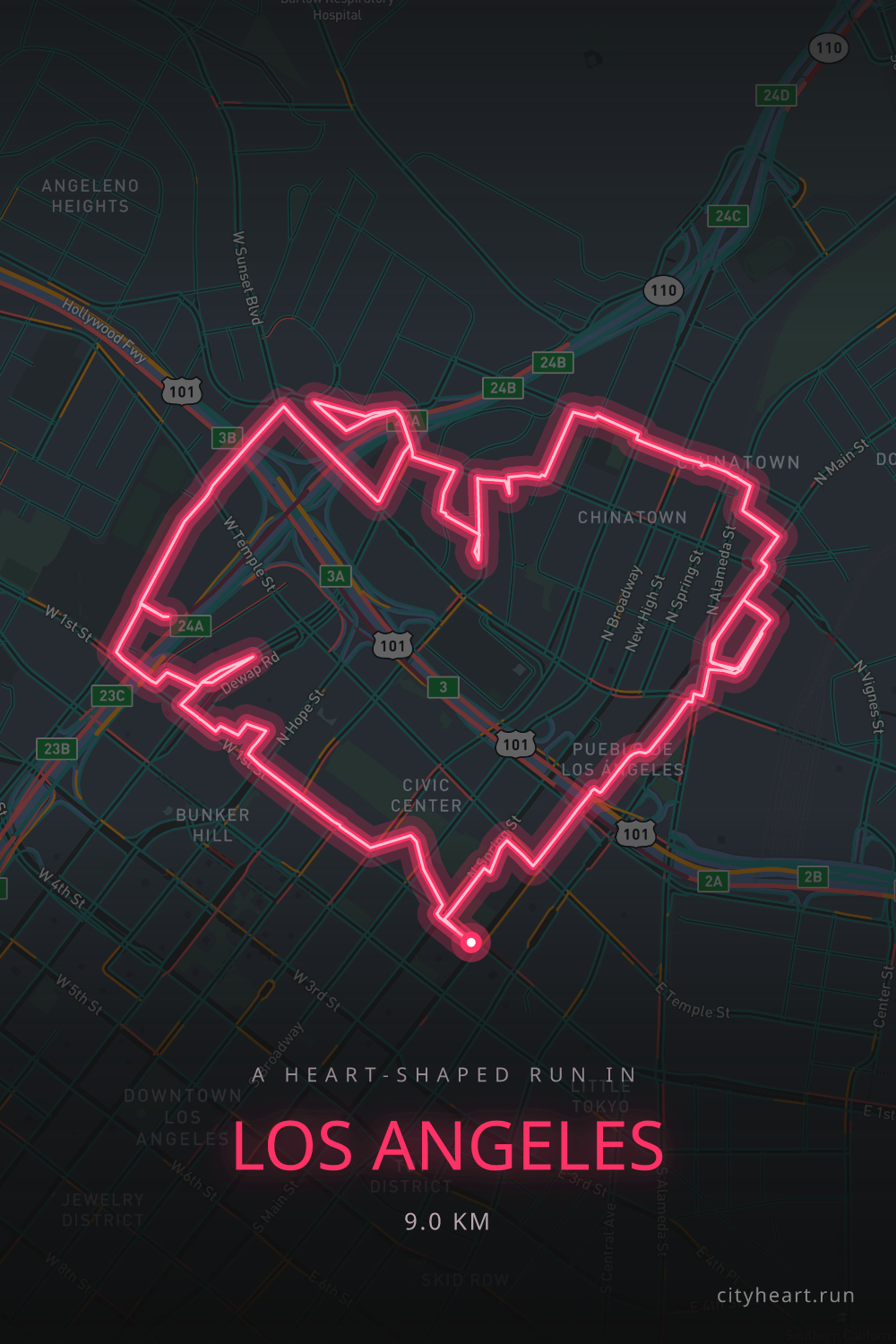 Heart-shaped running route in Los Angeles, 9.8 km — GPS art for Strava