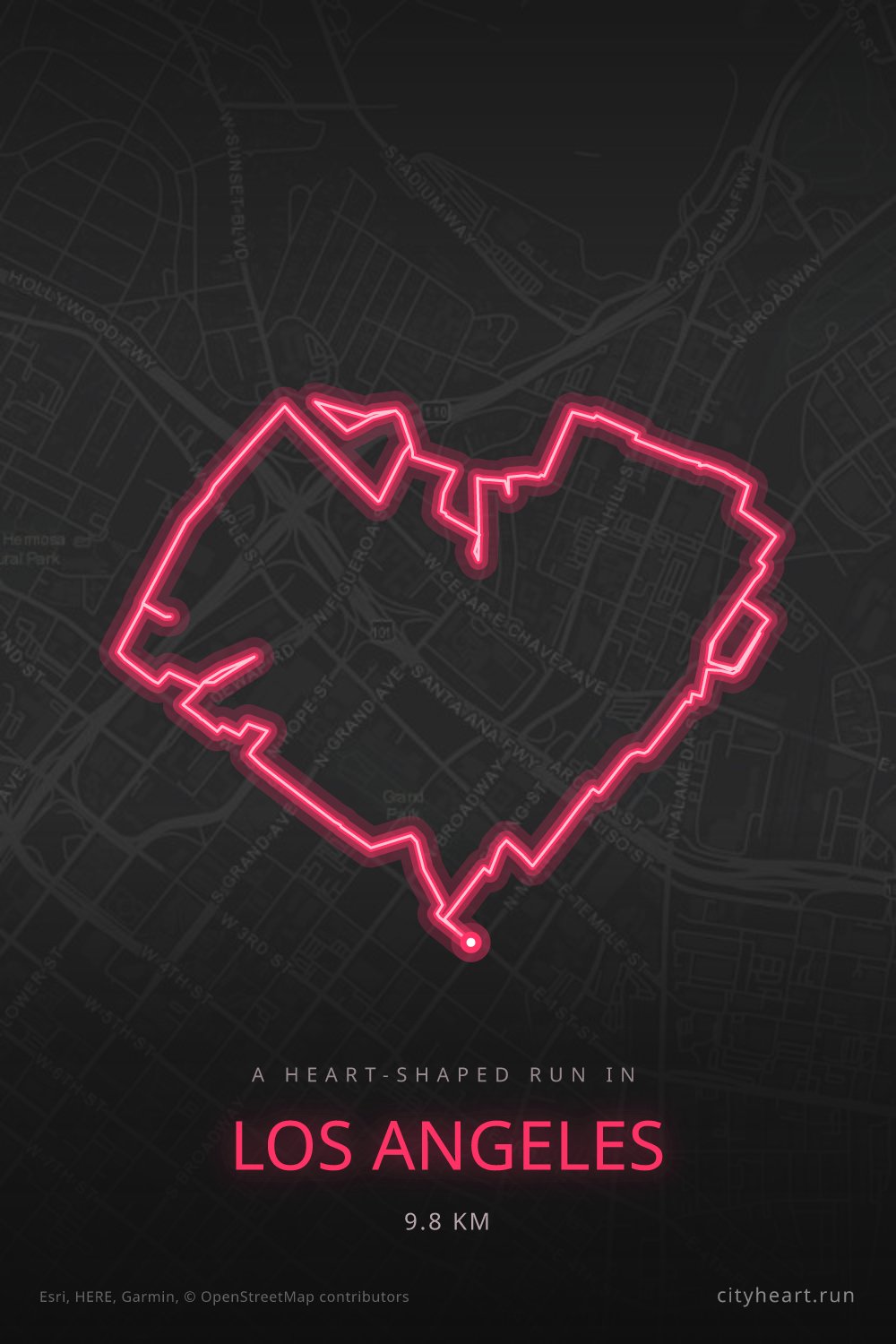 Heart-shaped running route in Los Angeles, 9.8 km — GPS art for Strava