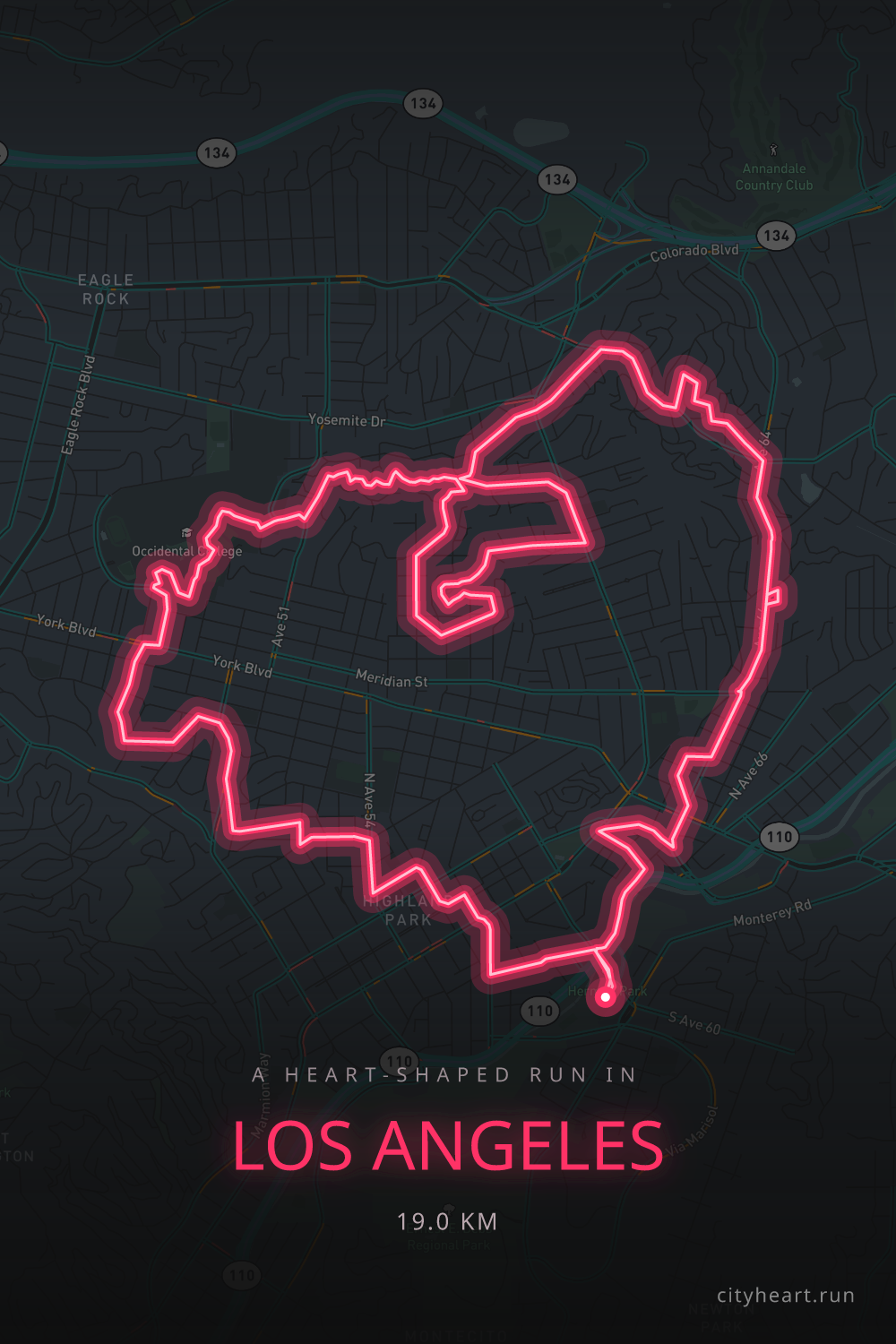 Heart-shaped running route in Los Angeles, 19.1 km — GPS art for Strava