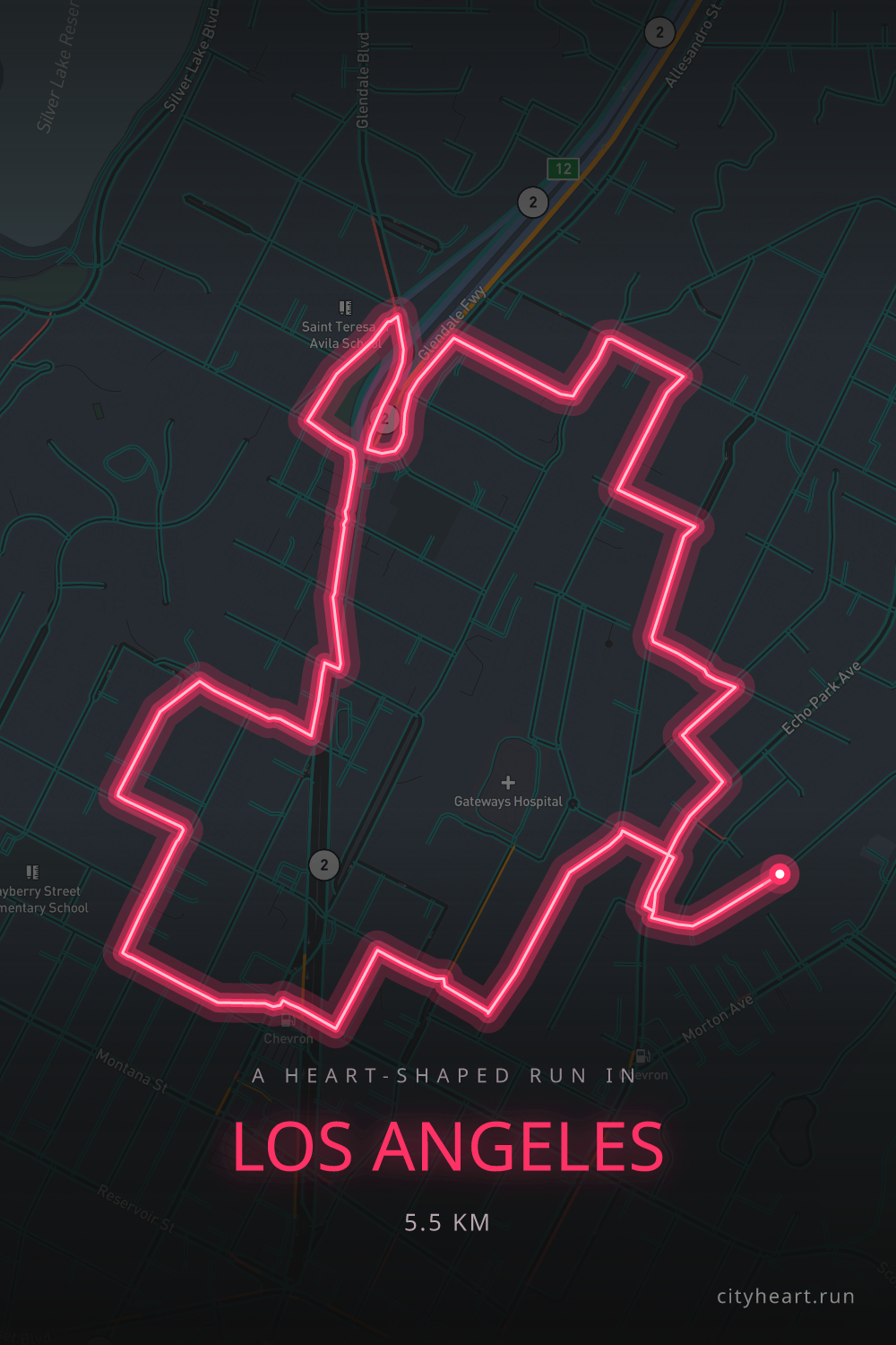 Heart-shaped running route in Los Angeles, 5.5 km — GPS art for Strava