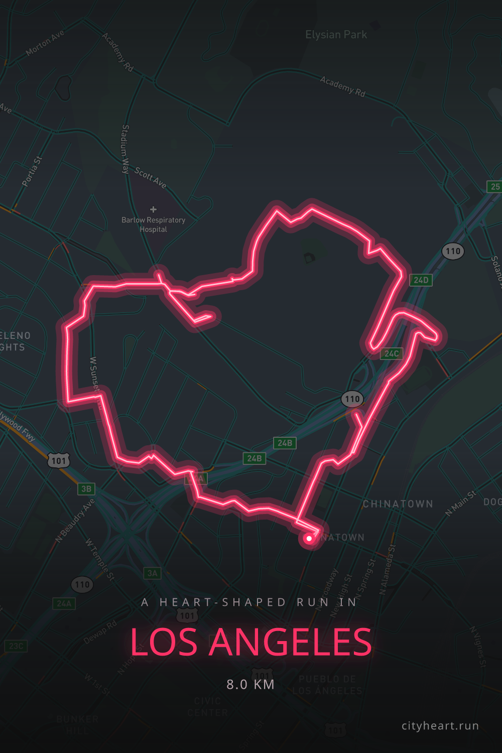 Heart-shaped running route in Los Angeles, 8.2 km — GPS art for Strava