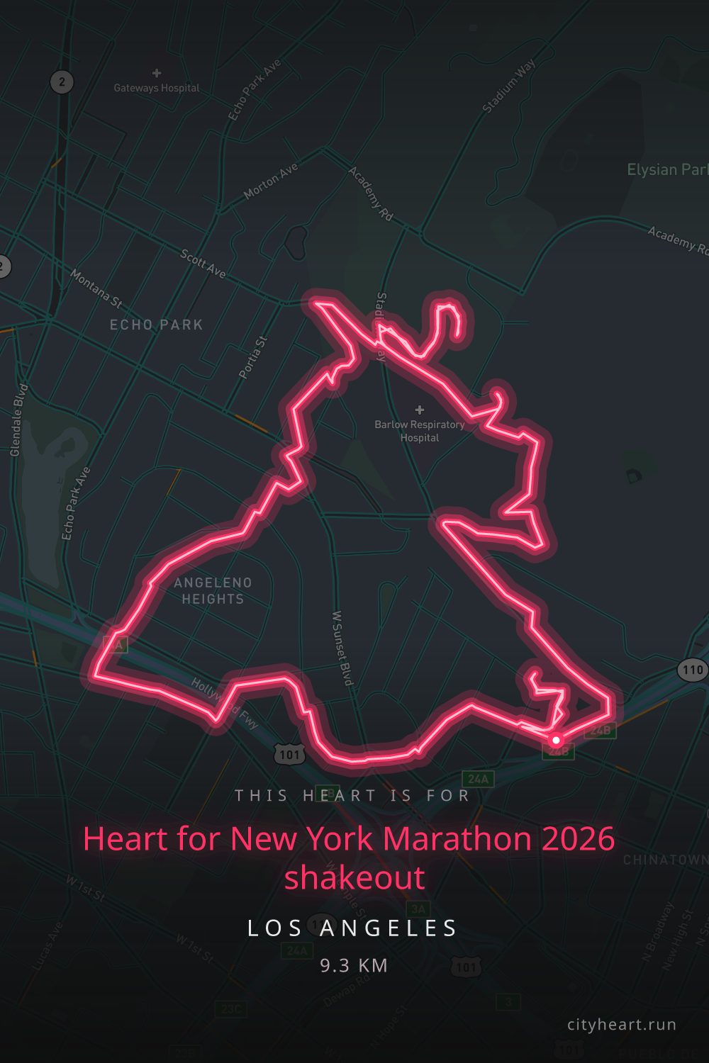 Heart-shaped running route in Los Angeles, 10.6 km — GPS art for Strava