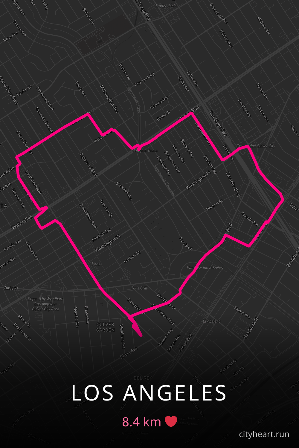 Heart-shaped running route in Los Angeles, 8.4 km — GPS art for Strava