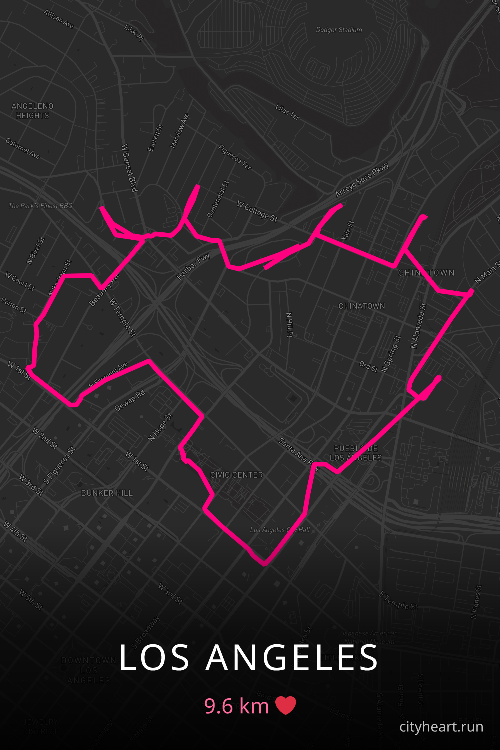 Heart-shaped running route in Los Angeles, 9.6 km — GPS art for Strava