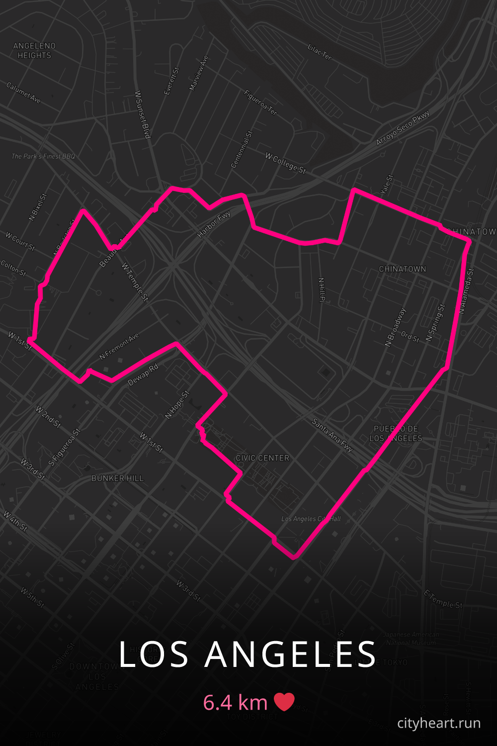 Heart-shaped running route in Los Angeles, 6.4 km — GPS art for Strava