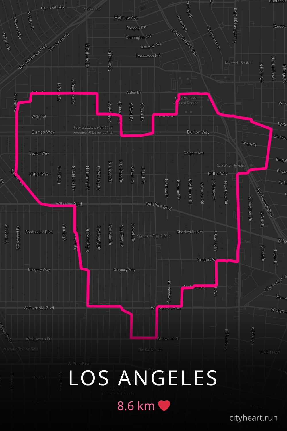 Heart-shaped running route in Los Angeles, 8.6 km — GPS art for Strava
