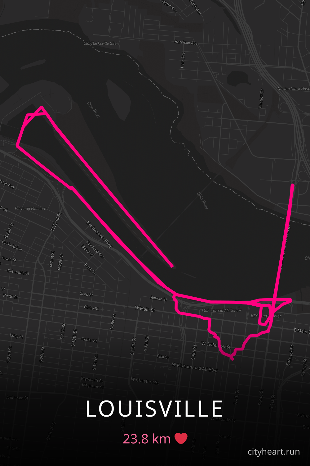 Heart-shaped running route in Louisville, 23.8 km — GPS art for Strava