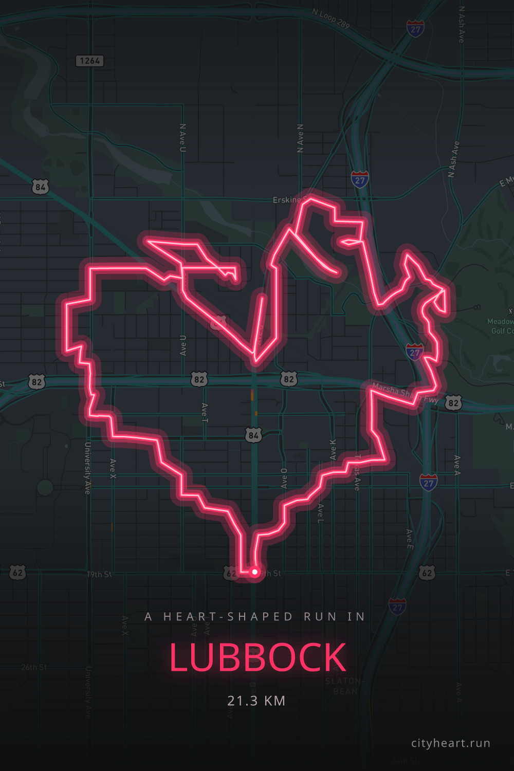 Heart-shaped running route in Lubbock, 21.4 km — GPS art for Strava