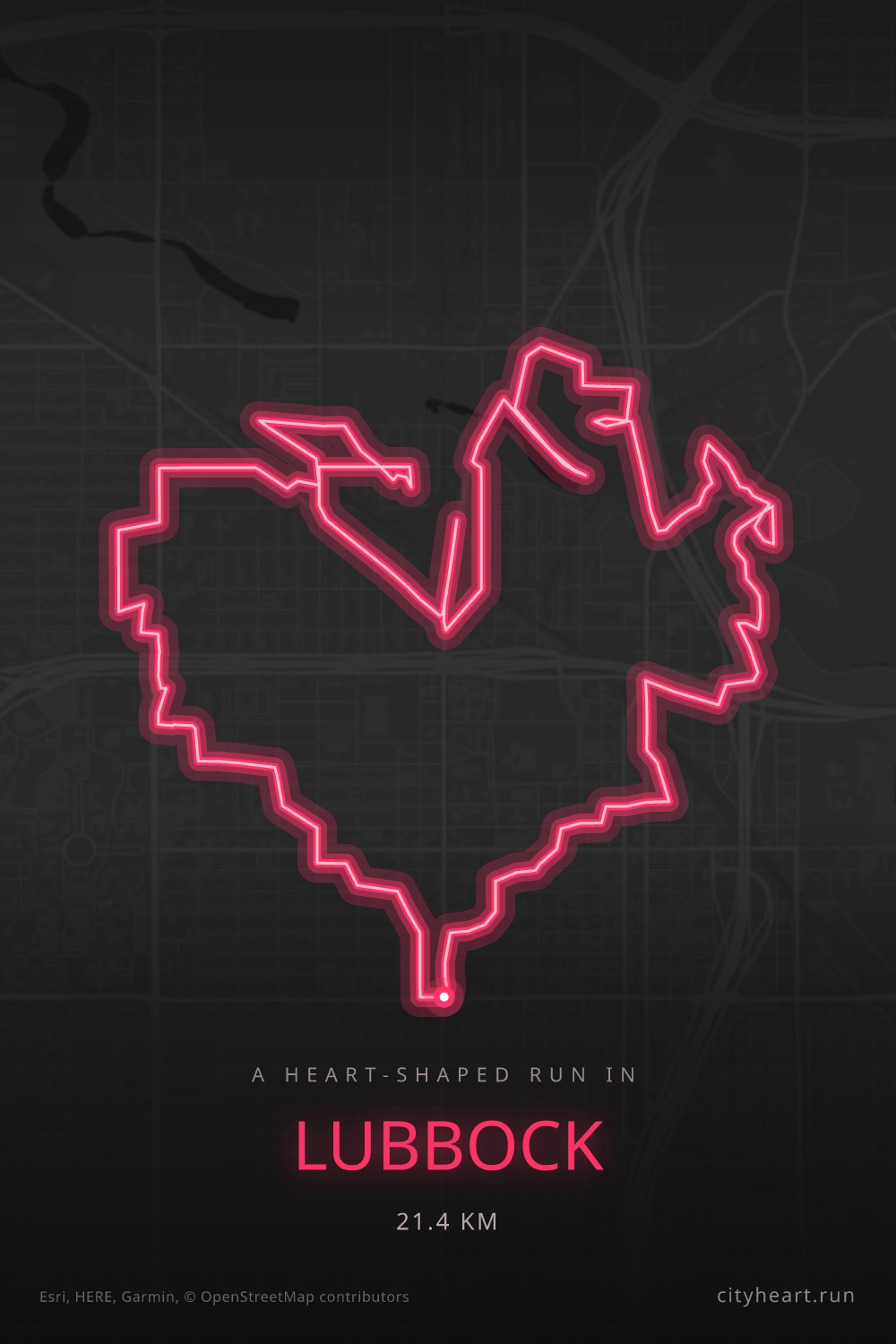 Heart-shaped running route in Lubbock, 21.4 km — GPS art for Strava