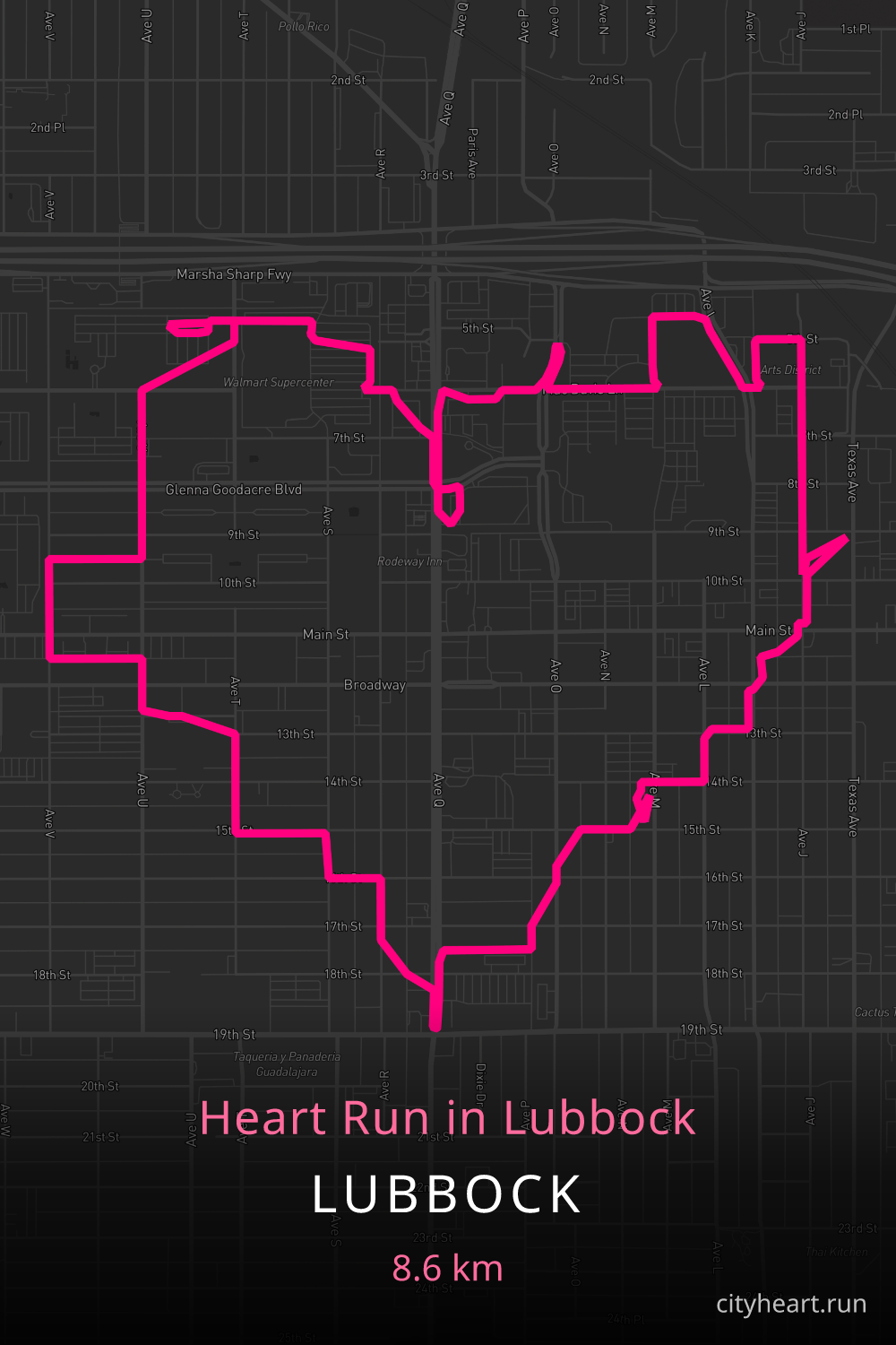 Heart-shaped running route in Lubbock, 9.6 km — GPS art for Strava