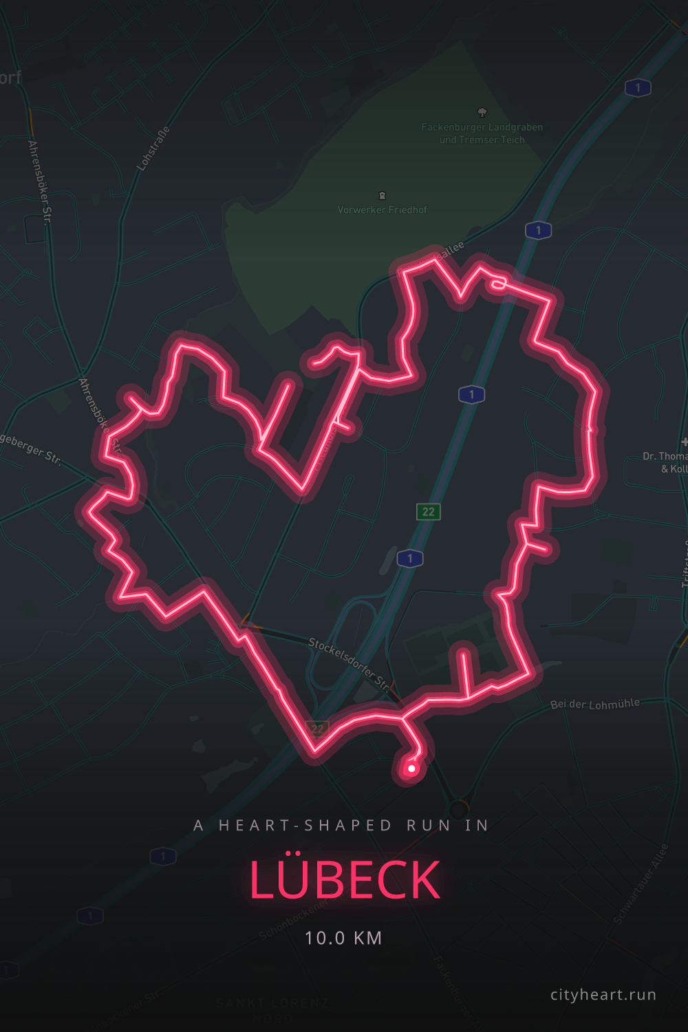 Heart-shaped running route in Lübeck, 10.9 km — GPS art for Strava