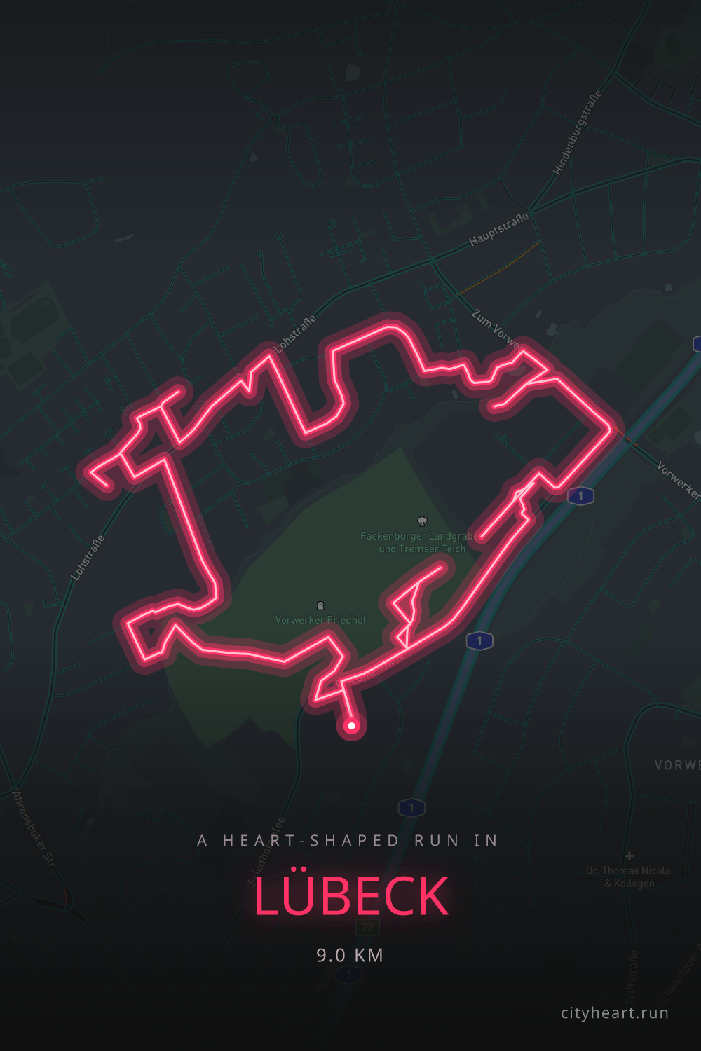 Heart-shaped running route in Lübeck, 9.8 km — GPS art for Strava