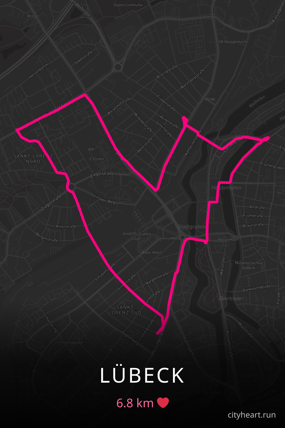 Heart-shaped running route in Lübeck, 6.8 km — GPS art for Strava