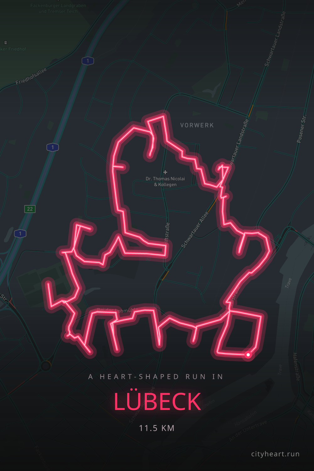 Heart-shaped running route in Lübeck, 11.5 km — GPS art for Strava