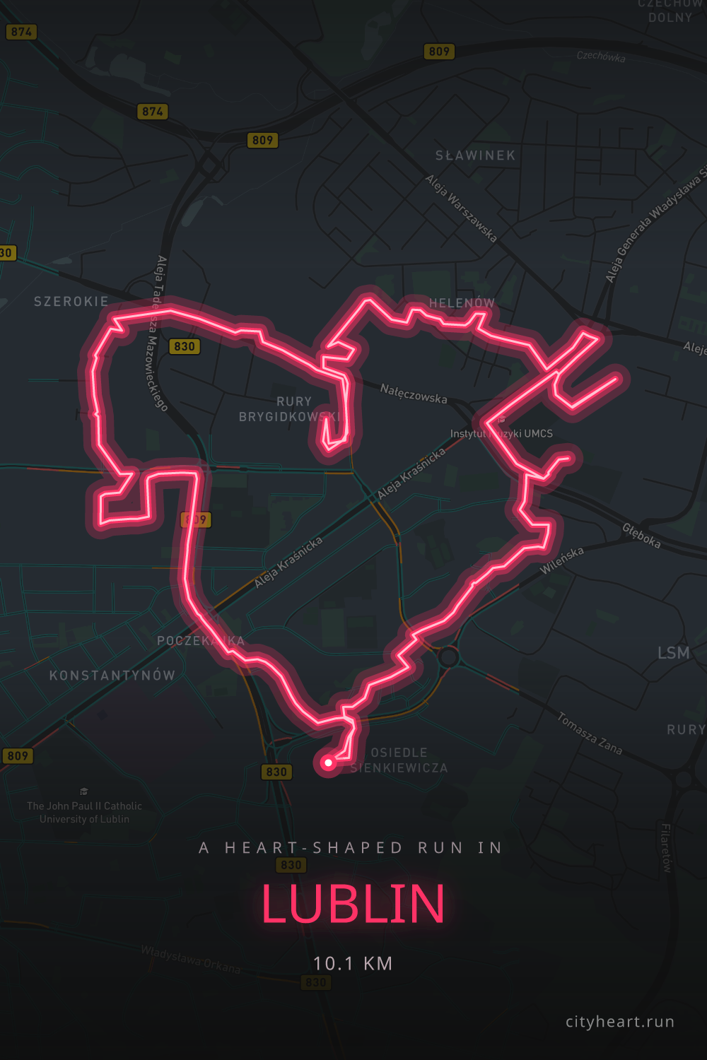 Heart-shaped running route in Lublin, 10.9 km — GPS art for Strava