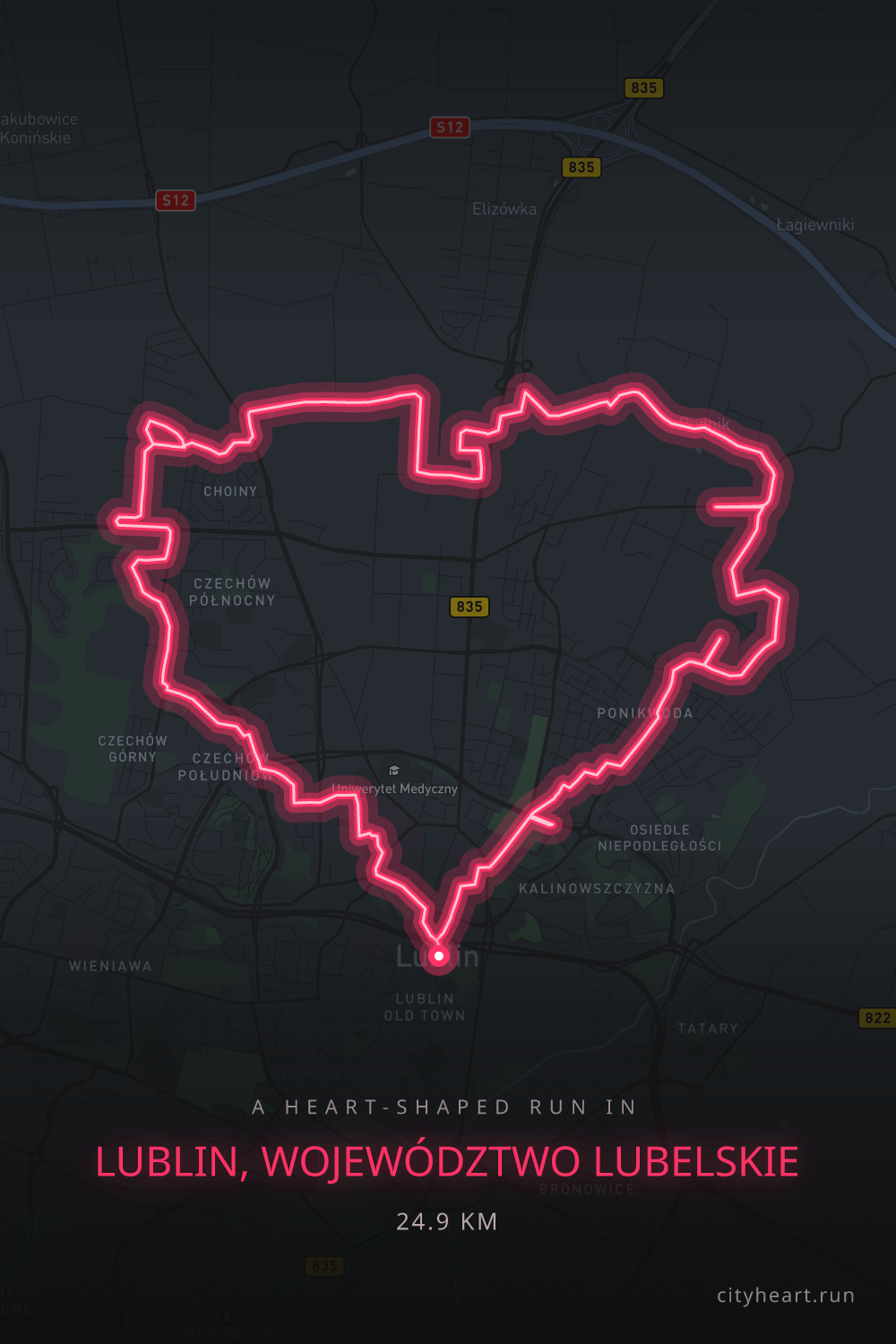 Heart-shaped running route in Lublin, województwo lubelskie, 12.0 km — GPS art for Strava