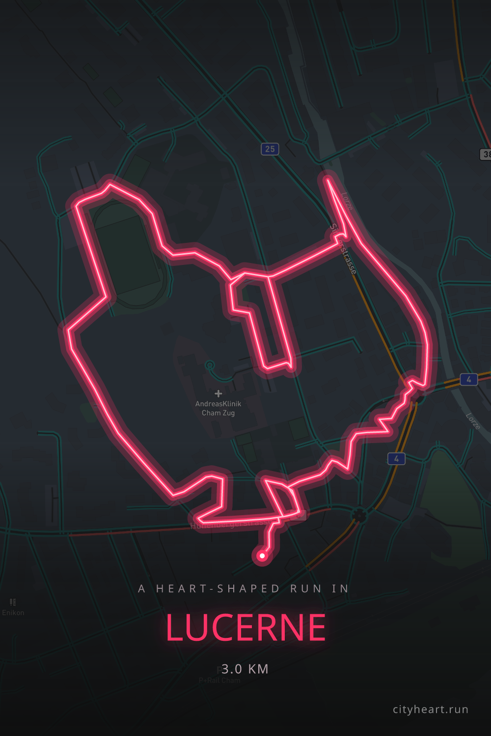 Heart-shaped running route in Lucerne, 3.0 km — GPS art for Strava