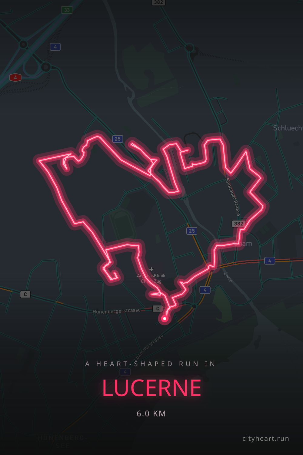 Heart-shaped running route in Lucerne, 6.0 km — GPS art for Strava