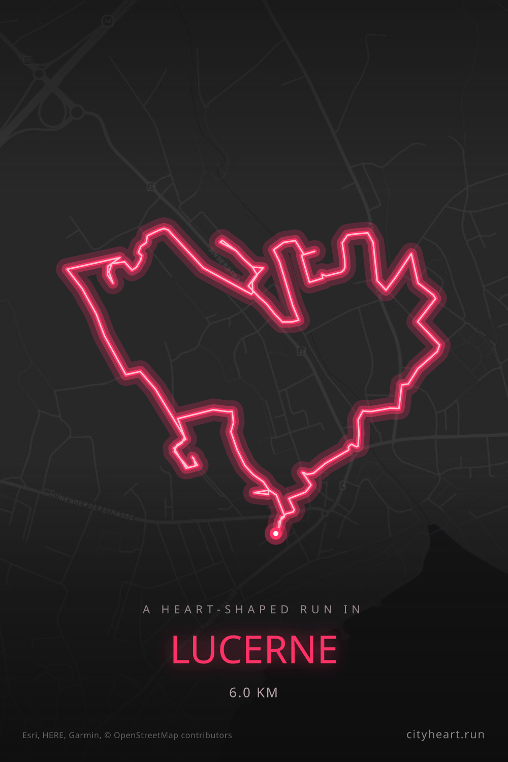 Heart-shaped 6.0 km shakeout running route through Lucerne, near the SwissCity Marathon Lucerne course
