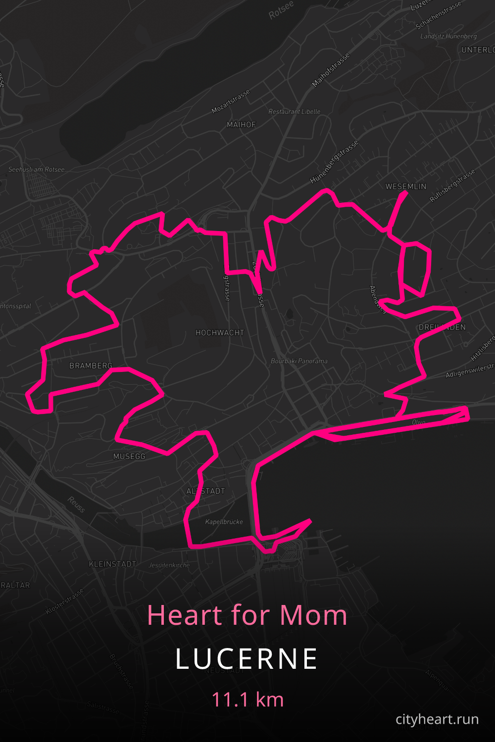 Heart-shaped running route in Lucerne, 11.8 km — GPS art for Strava