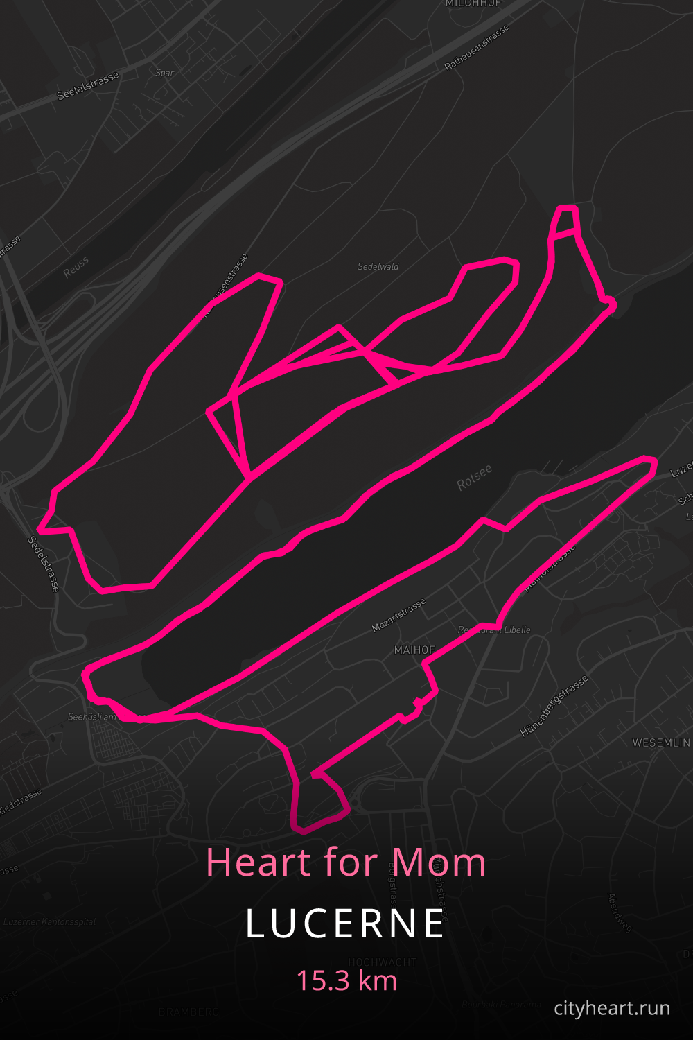 Heart-shaped running route in Lucerne, 16.7 km — GPS art for Strava