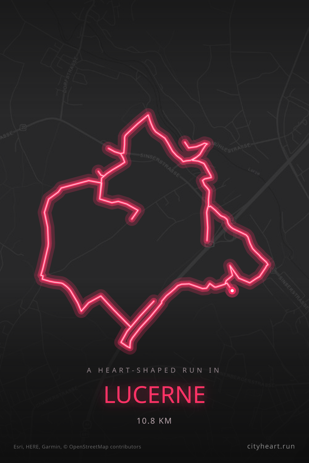 Heart-shaped running route in Lucerne, 10.8 km — GPS art for Strava