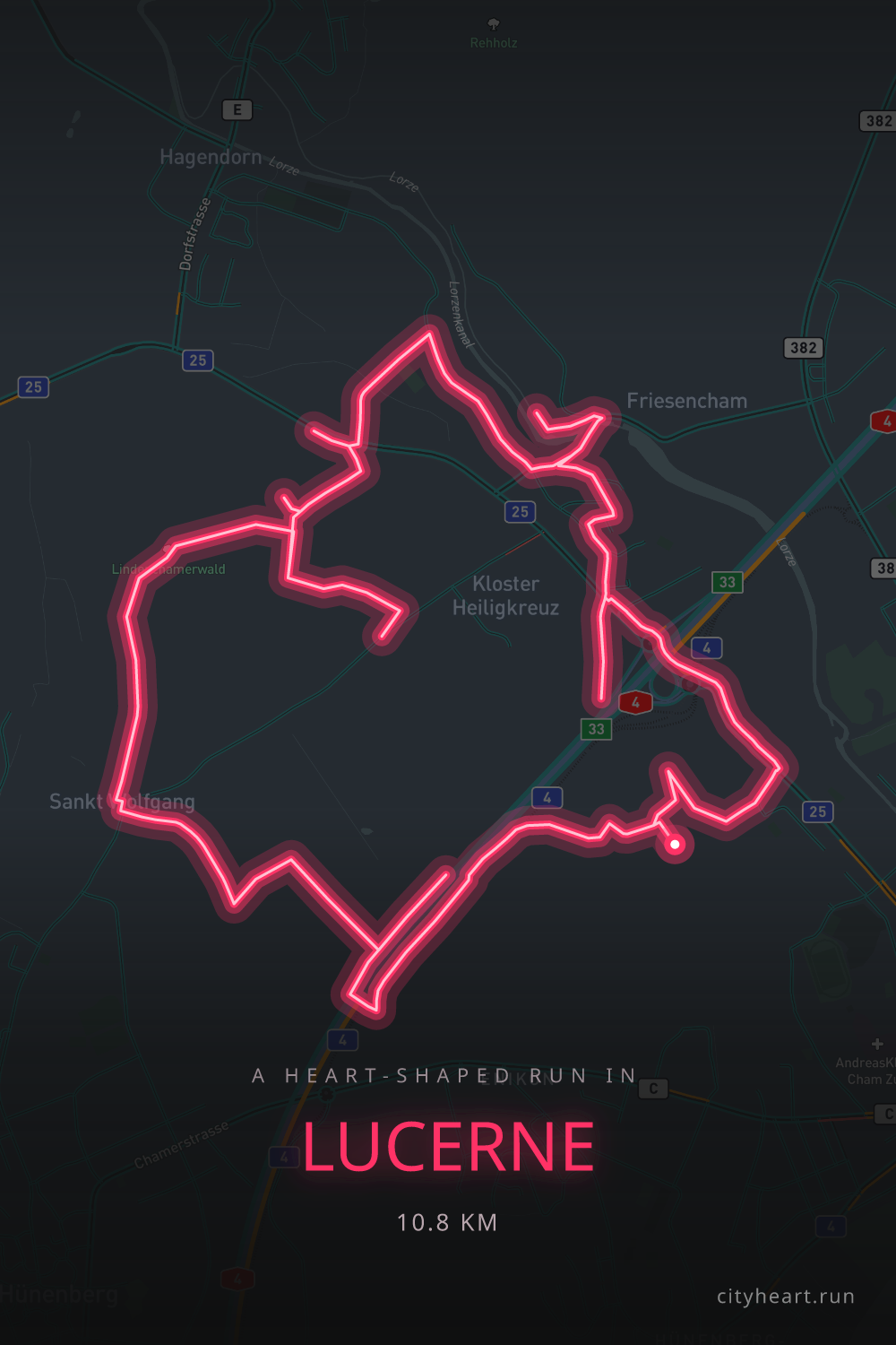 Heart-shaped running route in Lucerne, 10.8 km — GPS art for Strava