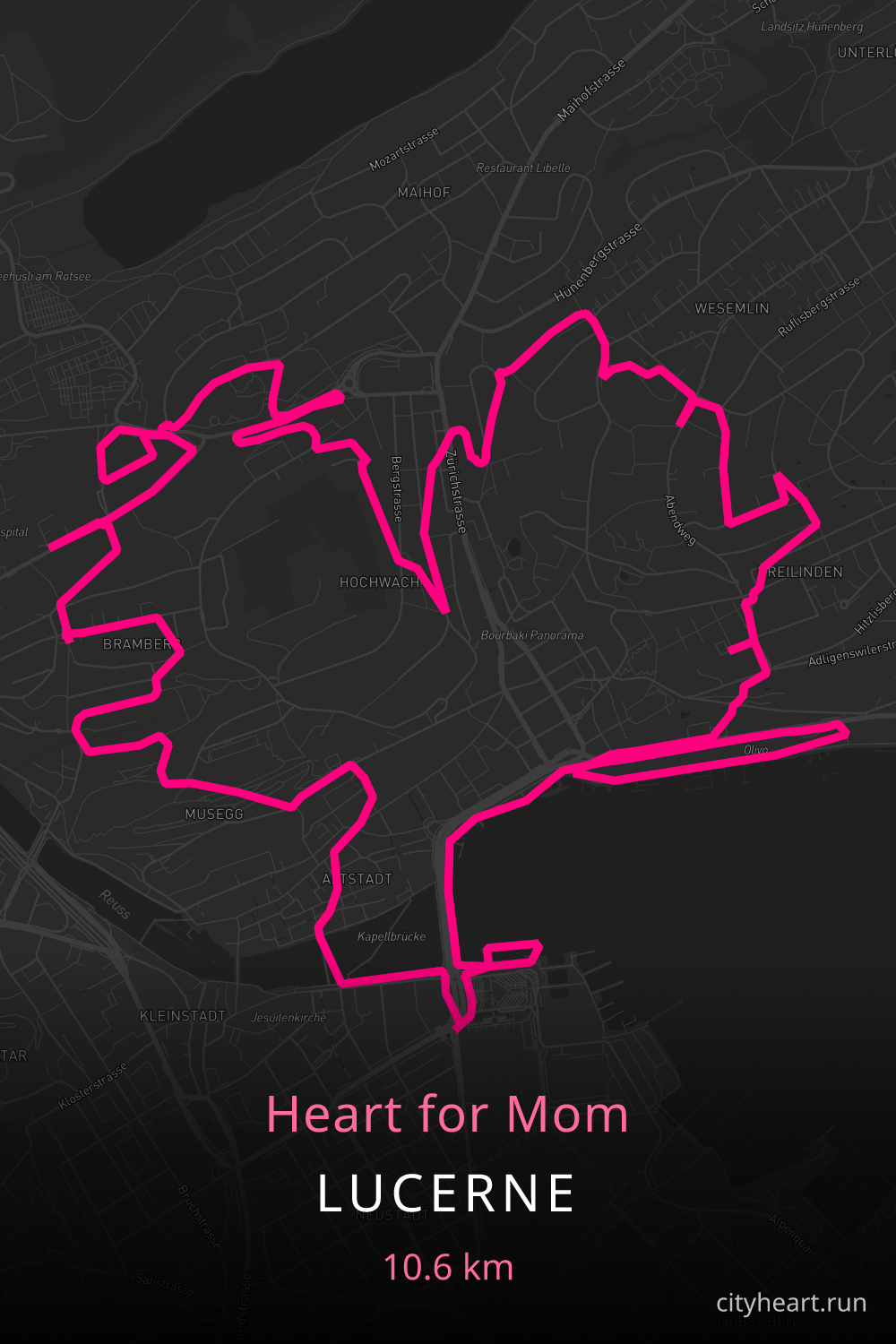 Heart-shaped running route in Lucerne, 11.4 km — GPS art for Strava