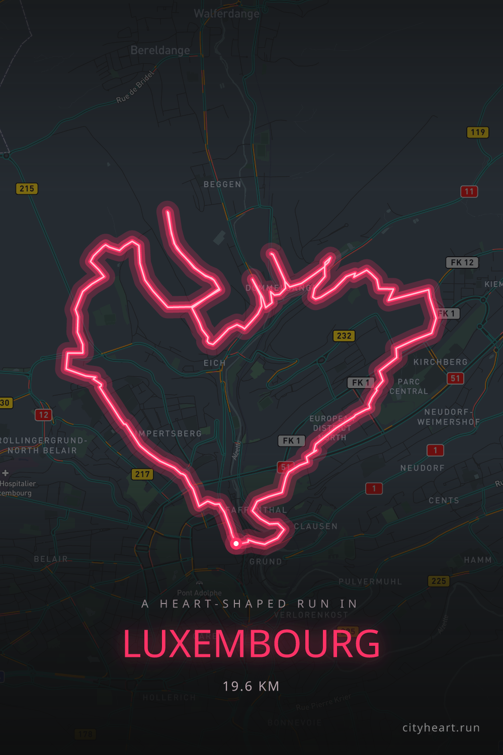 Heart-shaped running route in Luxembourg, 20.7 km — GPS art for Strava