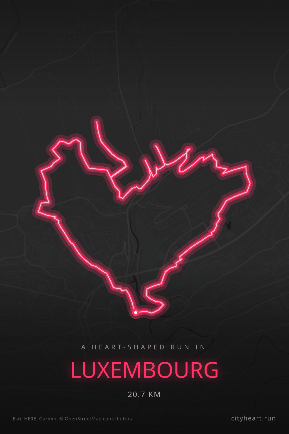 Heart-shaped running route in Luxembourg, 20.7 km — GPS art for Strava