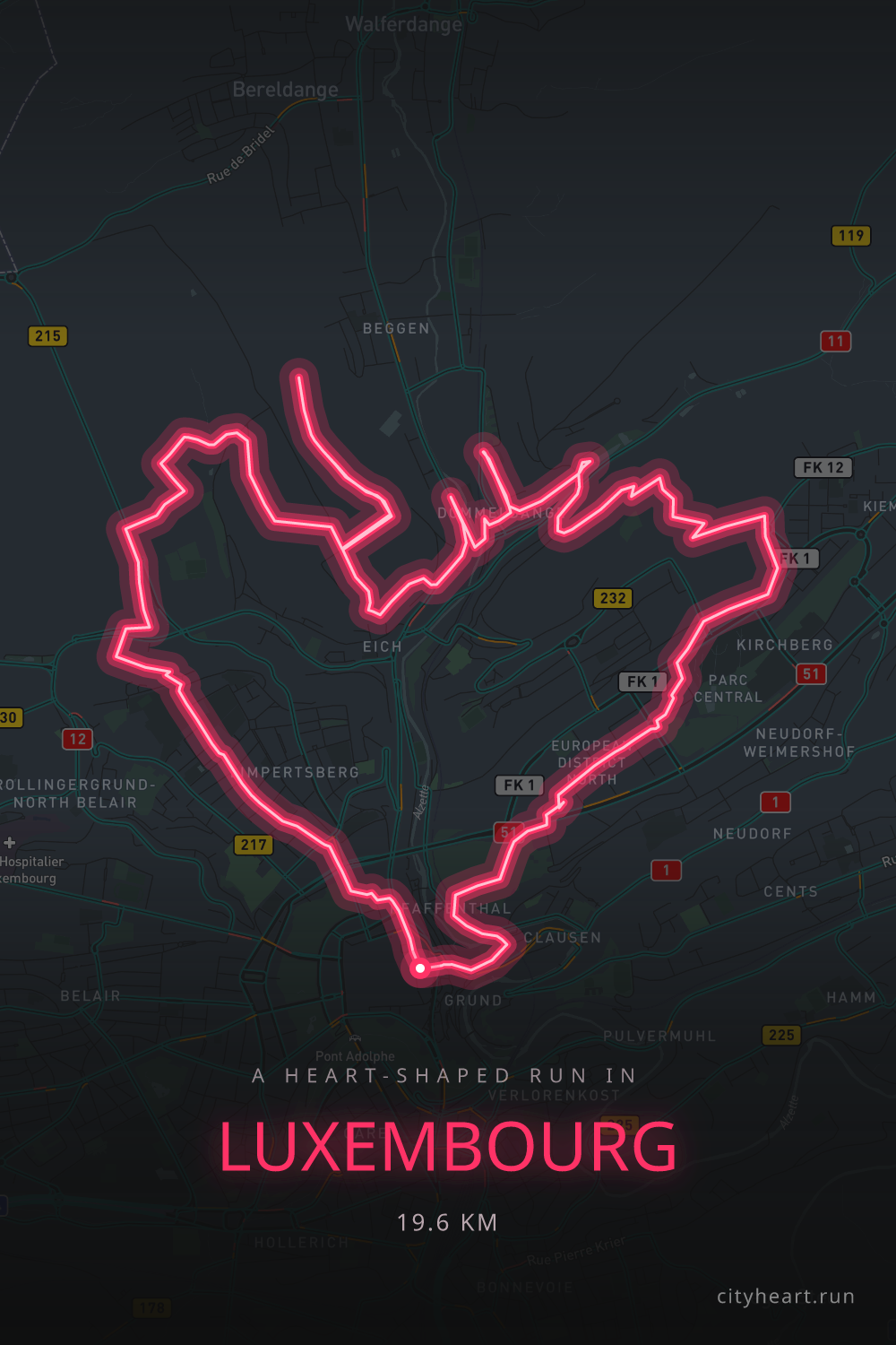 Heart-shaped running route in Luxembourg, 20.7 km — GPS art for Strava