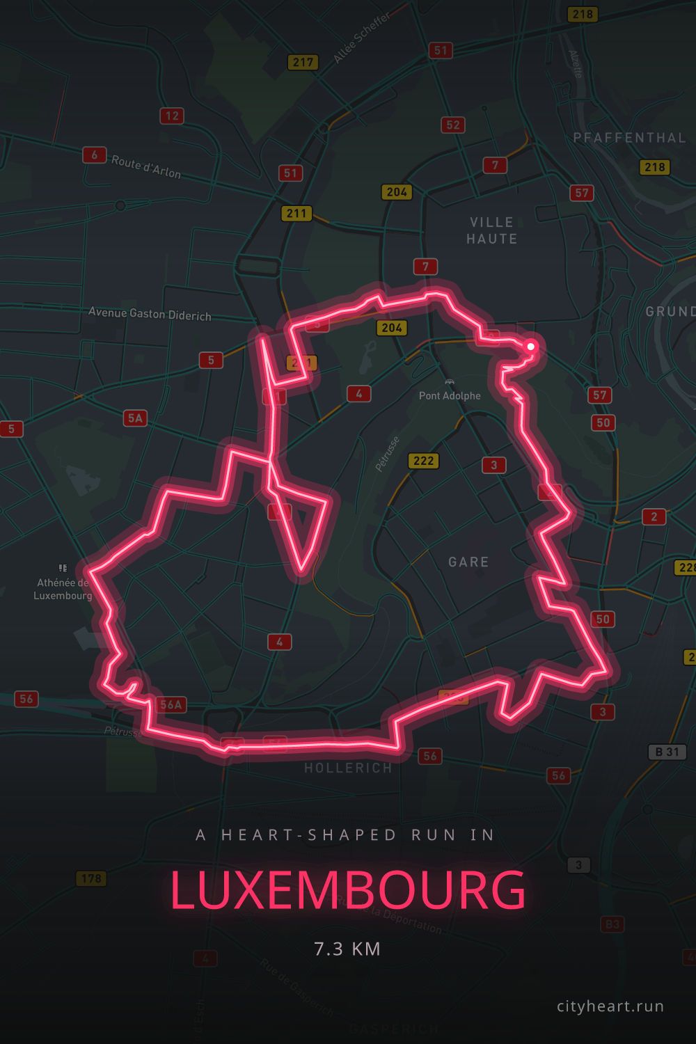 Heart-shaped running route in Luxembourg, 7.3 km — GPS art for Strava