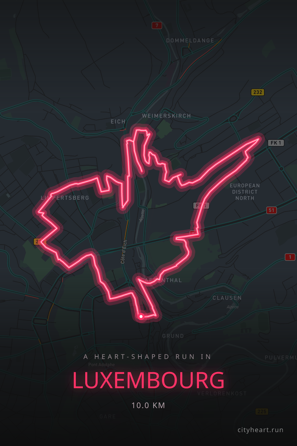 Heart-shaped running route in Luxembourg, 10.4 km — GPS art for Strava