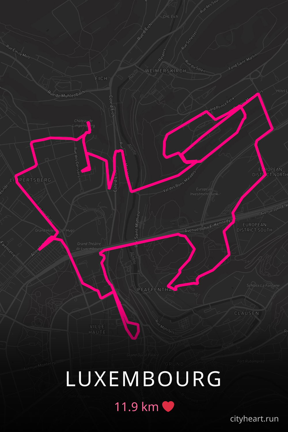 Heart-shaped running route in Luxembourg, 11.9 km — GPS art for Strava