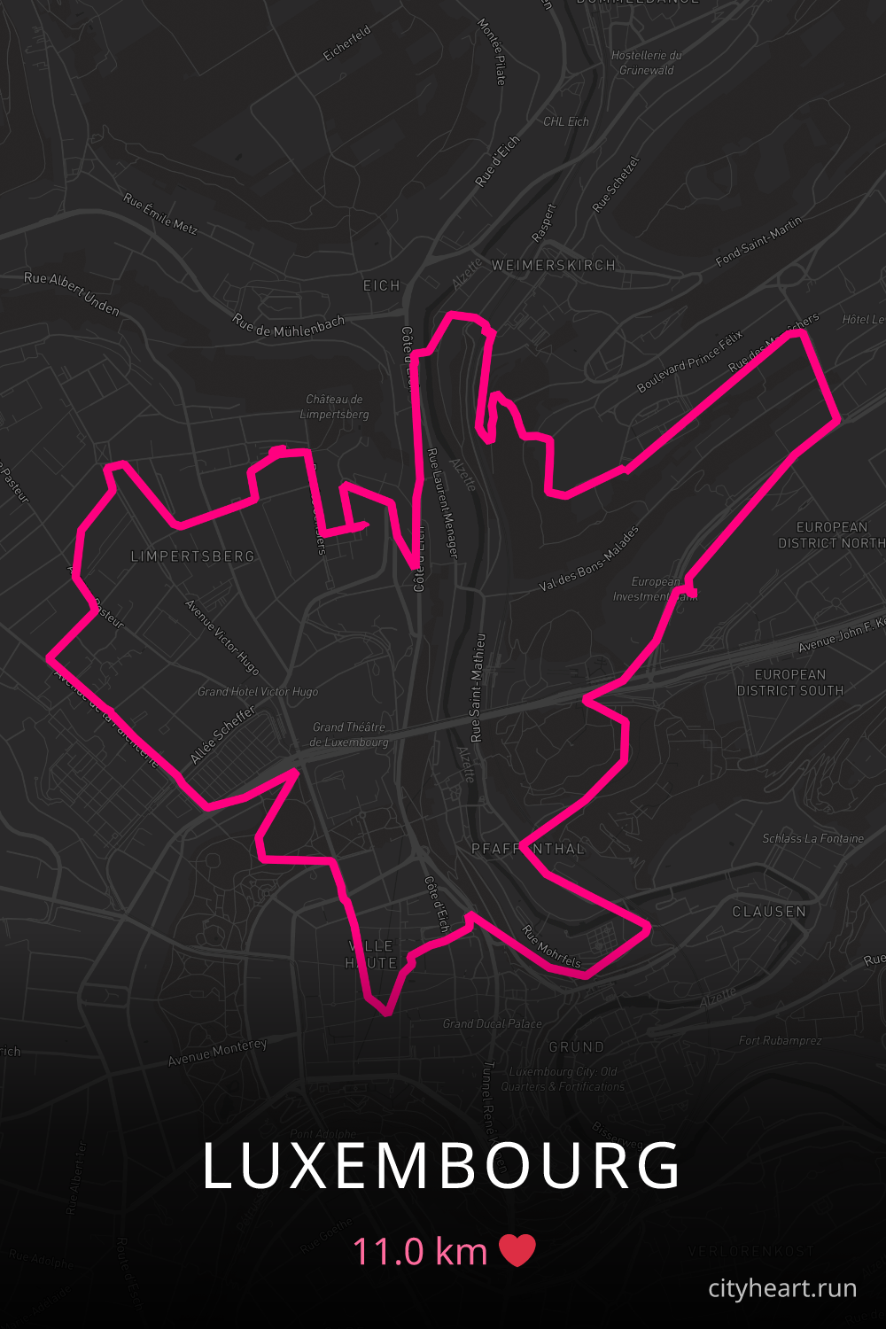 Heart-shaped running route in Luxembourg, 11.0 km — GPS art for Strava