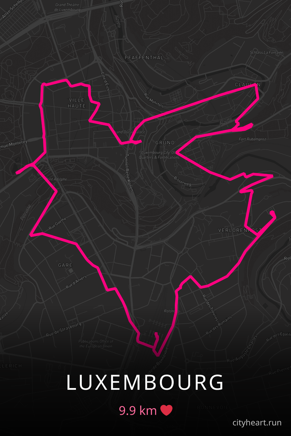 Heart-shaped running route in Luxembourg, 9.9 km — GPS art for Strava