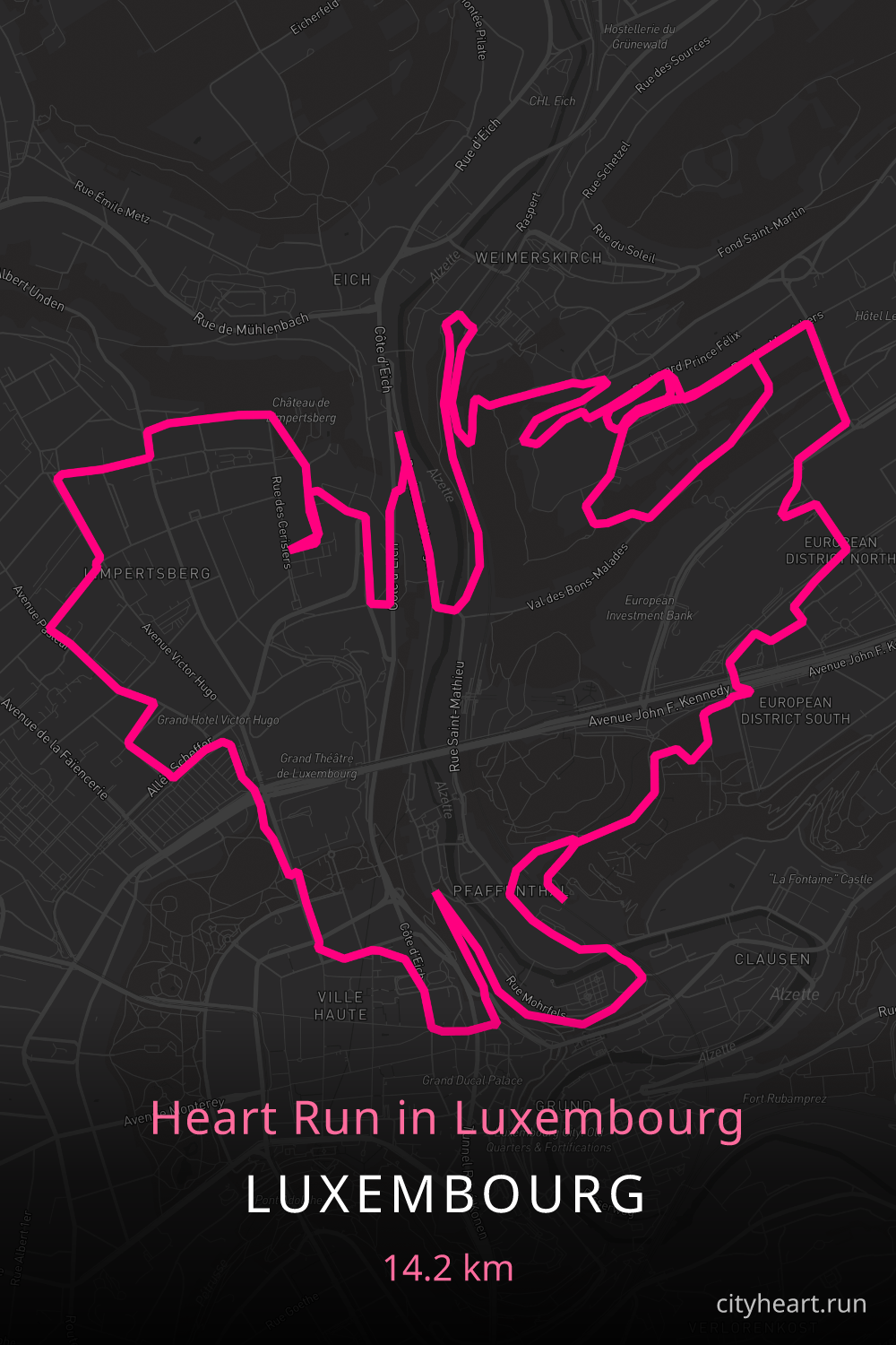 Heart-shaped running route in Luxembourg, 15.0 km — GPS art for Strava