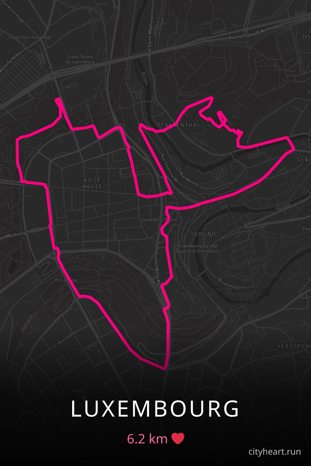 Heart-shaped running route in Luxembourg, 6.2 km — GPS art for Strava