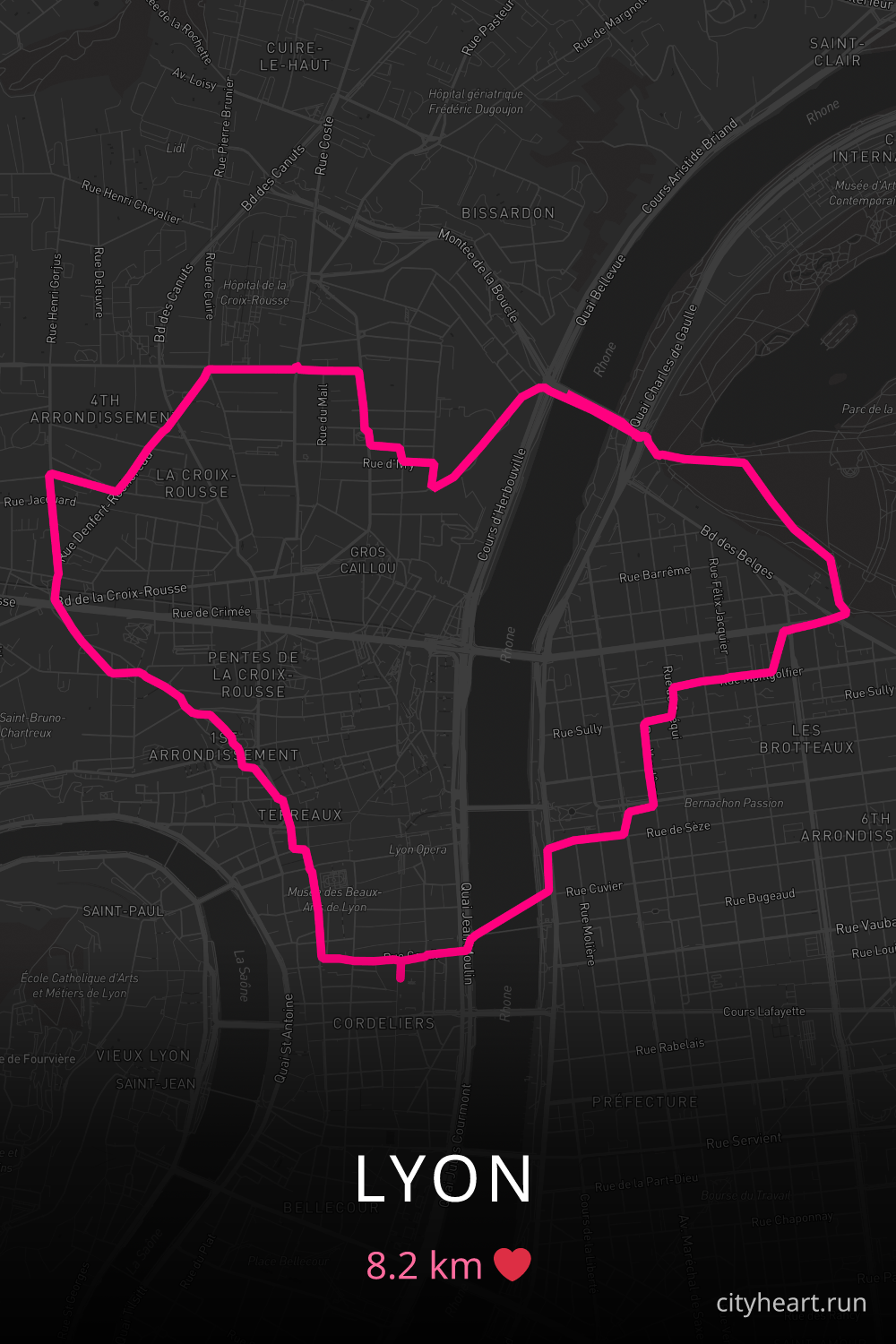 Heart-shaped running route in Lyon, 8.2 km — GPS art for Strava