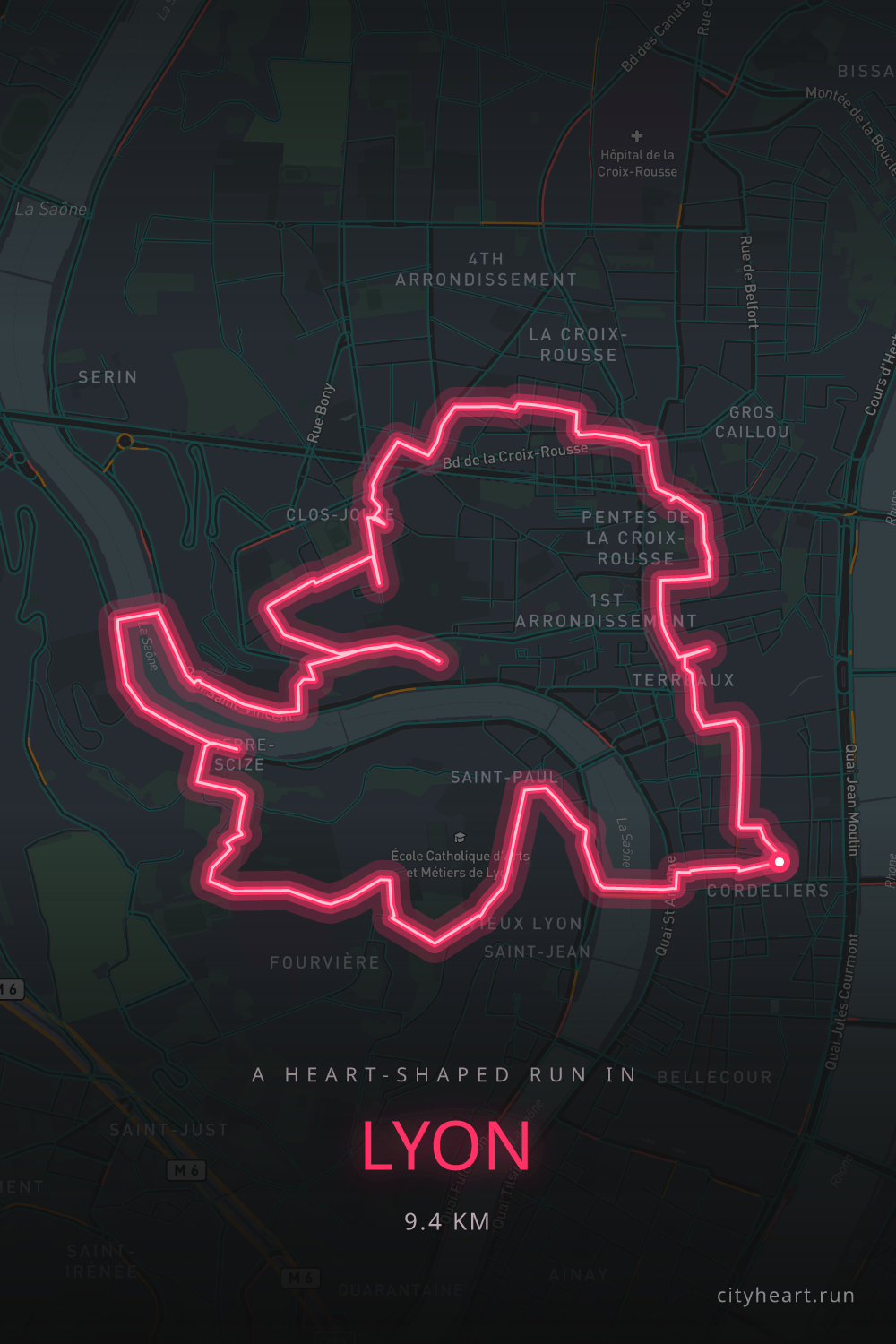 Heart-shaped running route in Lyon, 10.4 km — GPS art for Strava