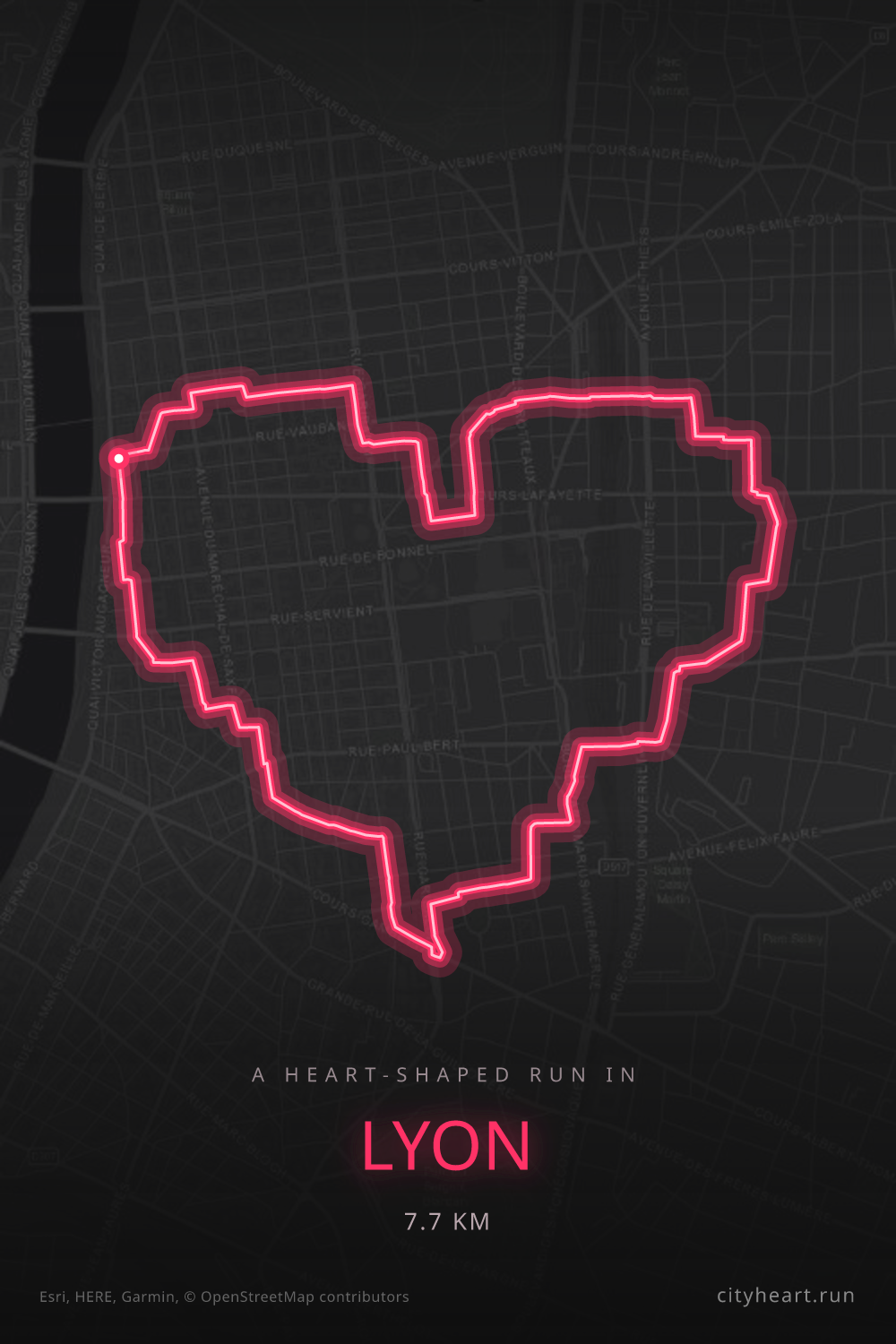 Heart-shaped running route in Lyon, 7.7 km — GPS art for Strava