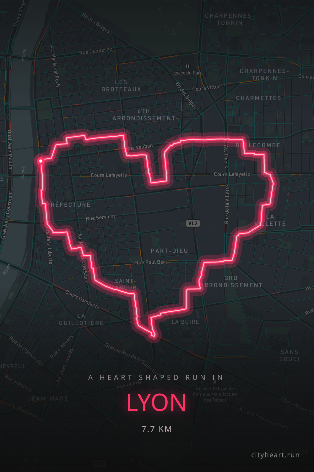 Heart-shaped running route in Lyon, 7.7 km — GPS art for Strava