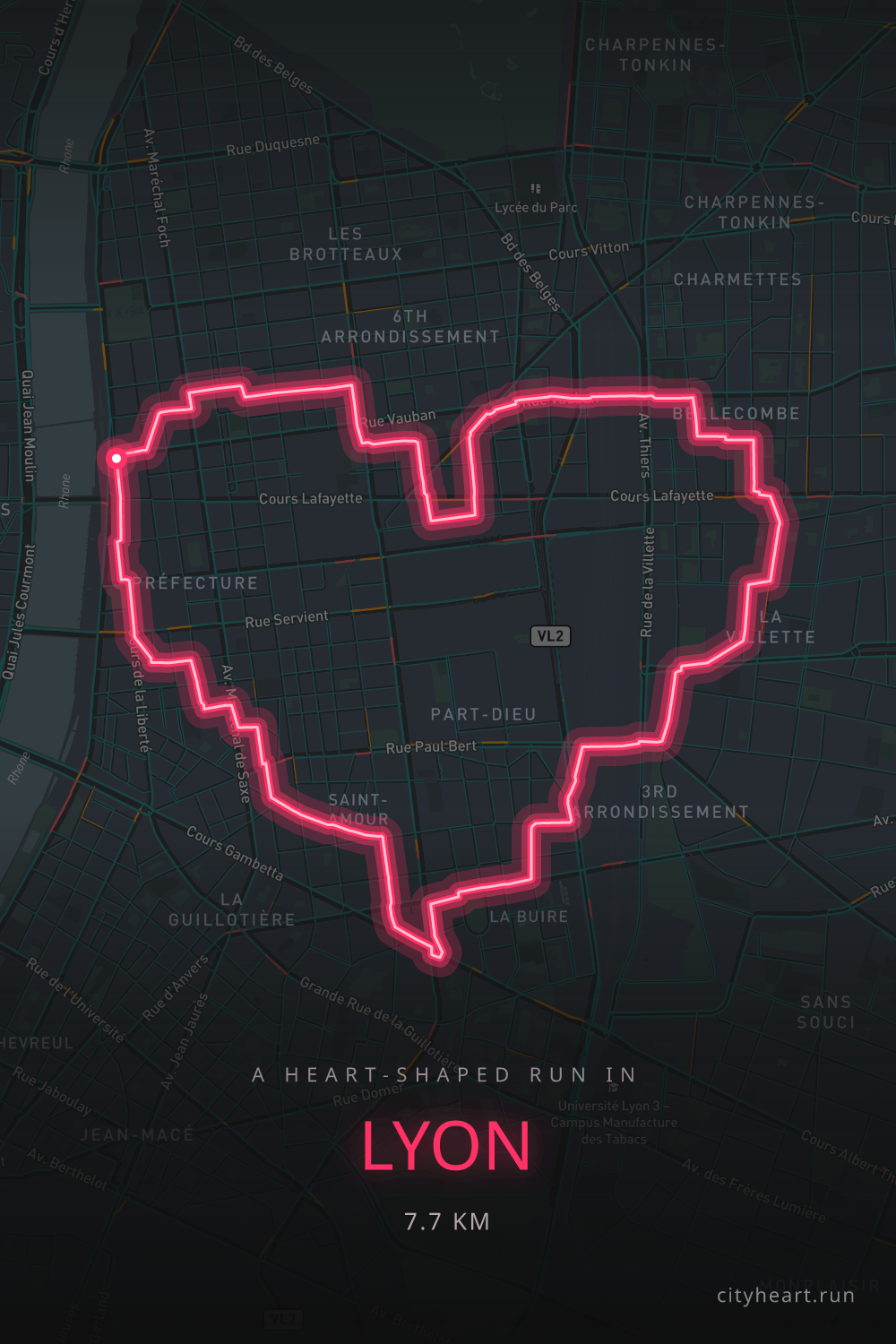 Heart-shaped 7.7 km shakeout running route through Lyon, near the Run In Lyon course